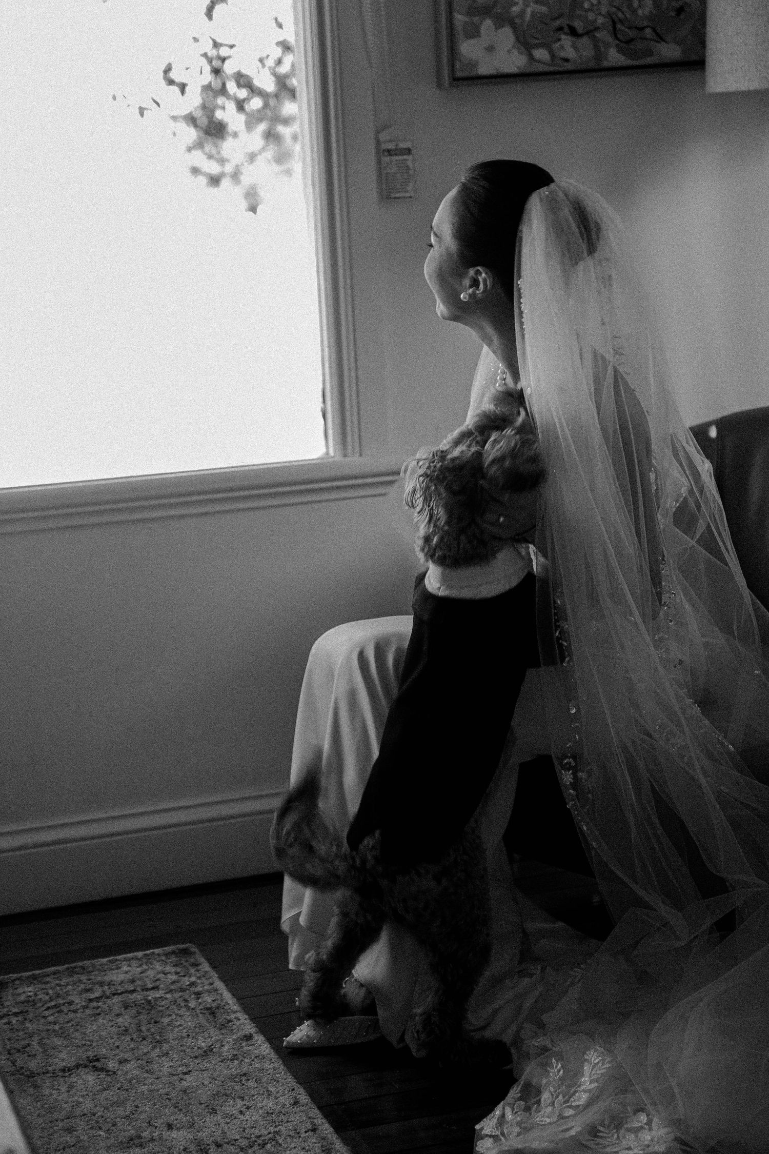 A silhouetted figure in a wedding dress and veil gazes out a bright window in a black and white photo.