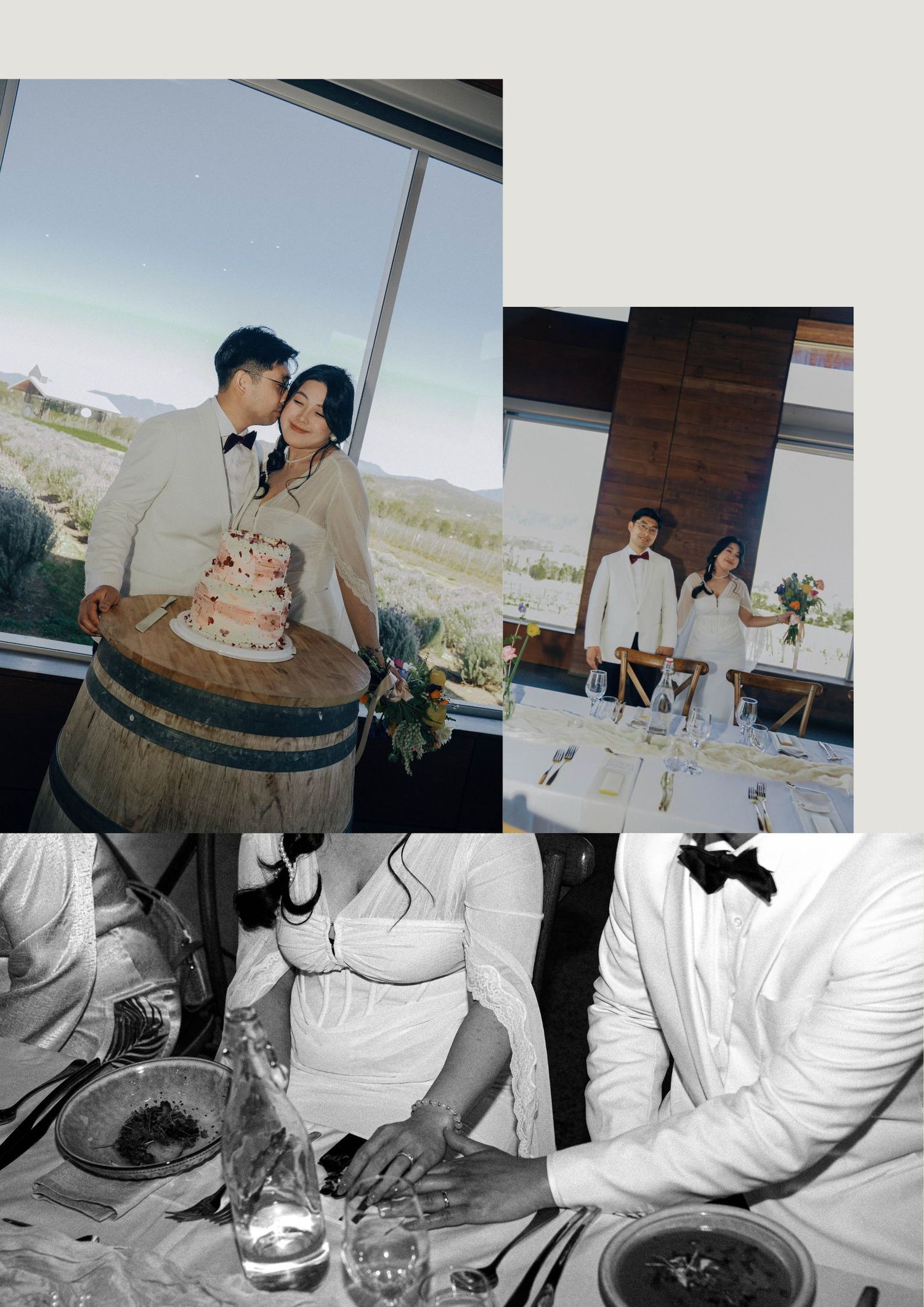 A series of wedding reception photos showing cake cutting, wine glasses, and table settings at a rustic desert venue.