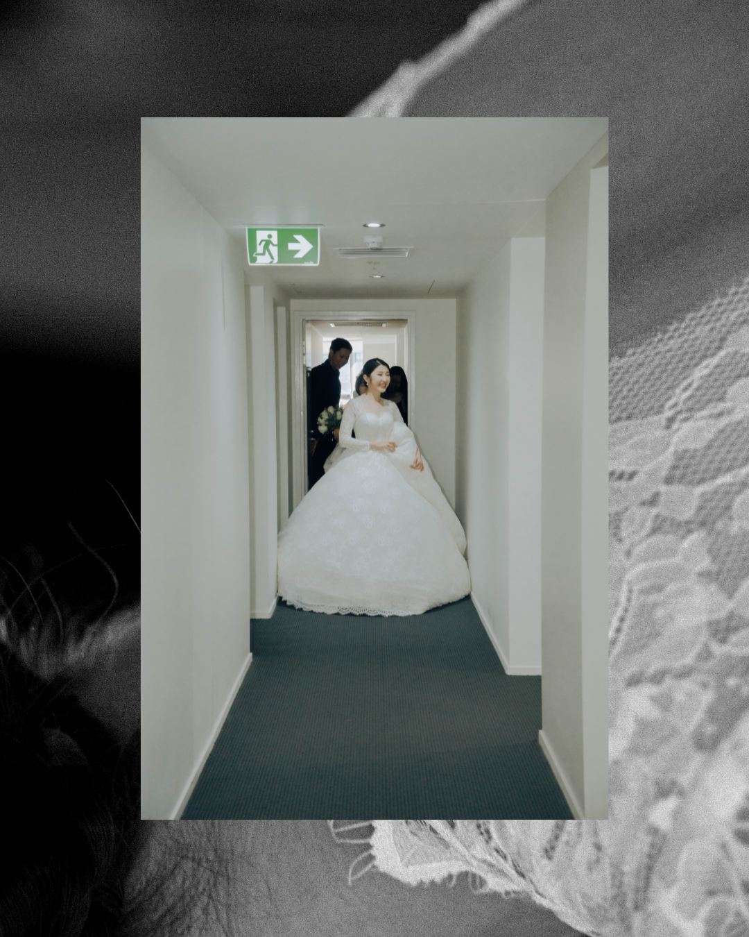 A sequence of corridor photographs shows a person in a white wedding dress ascending through a hallway with green carpeting.