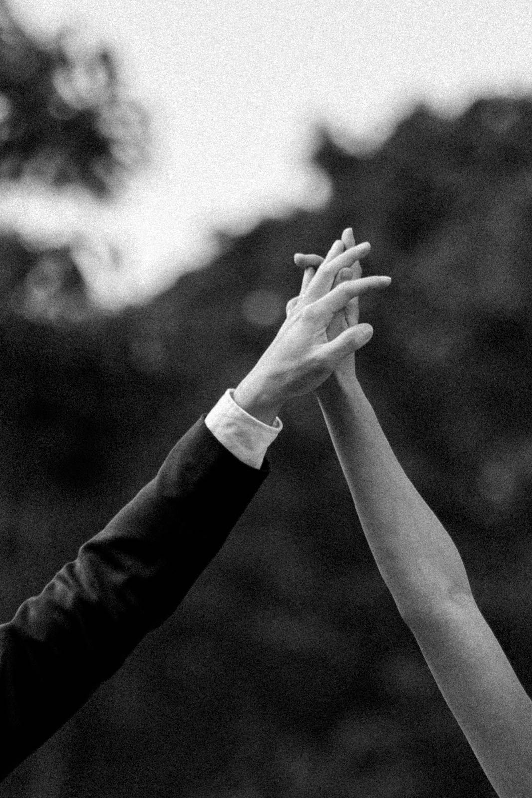 A black and white photo showing two hands reaching upwards to touch in an elegant dance-like gesture against a blurred background.