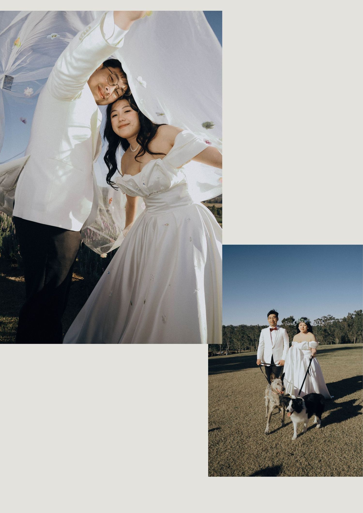 A romantic outdoor wedding photoshoot in a field with couples in white attire and elegant poses.