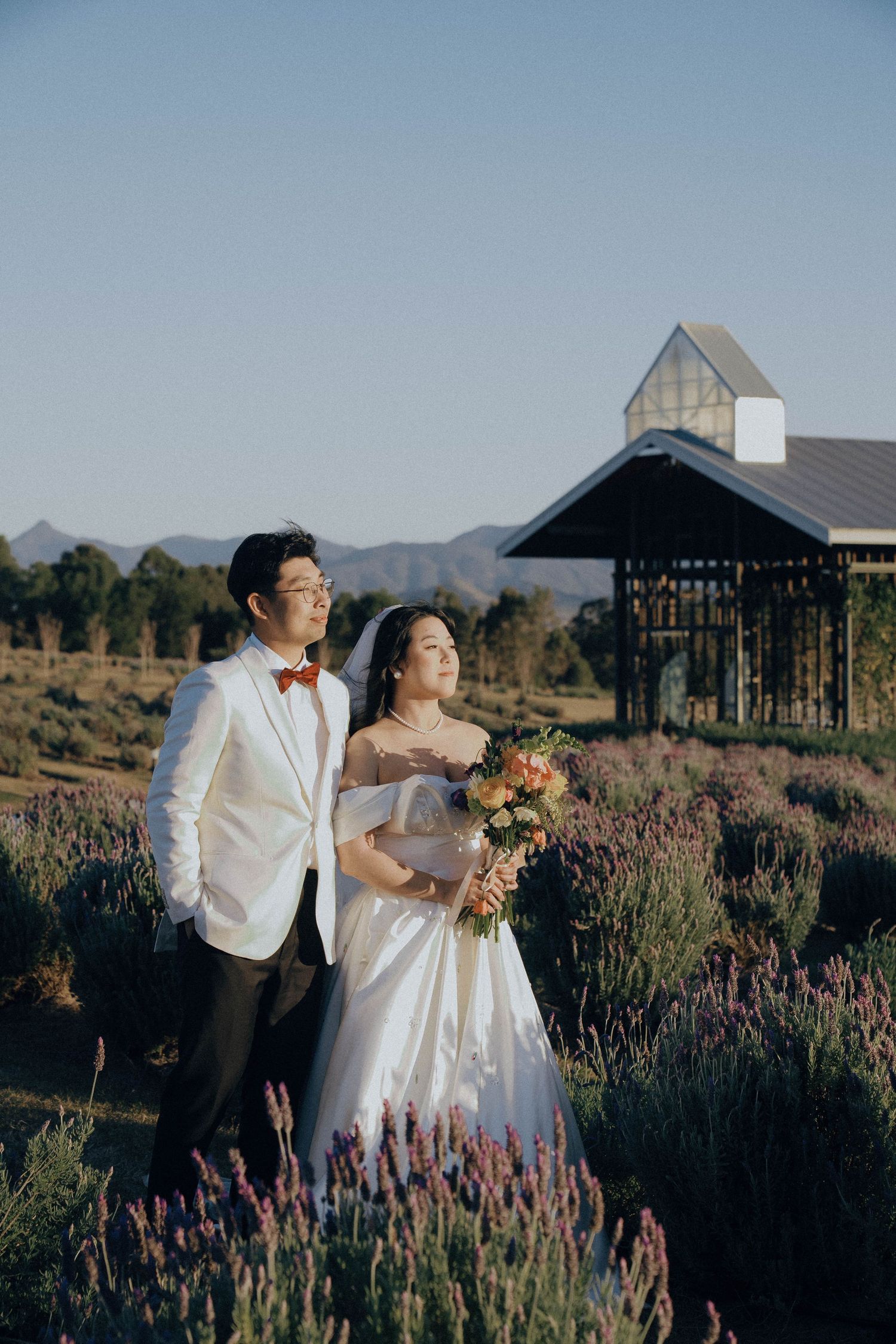 A couple shares joyful moments together in a lavender field with mountains and rustic buildings in the background.