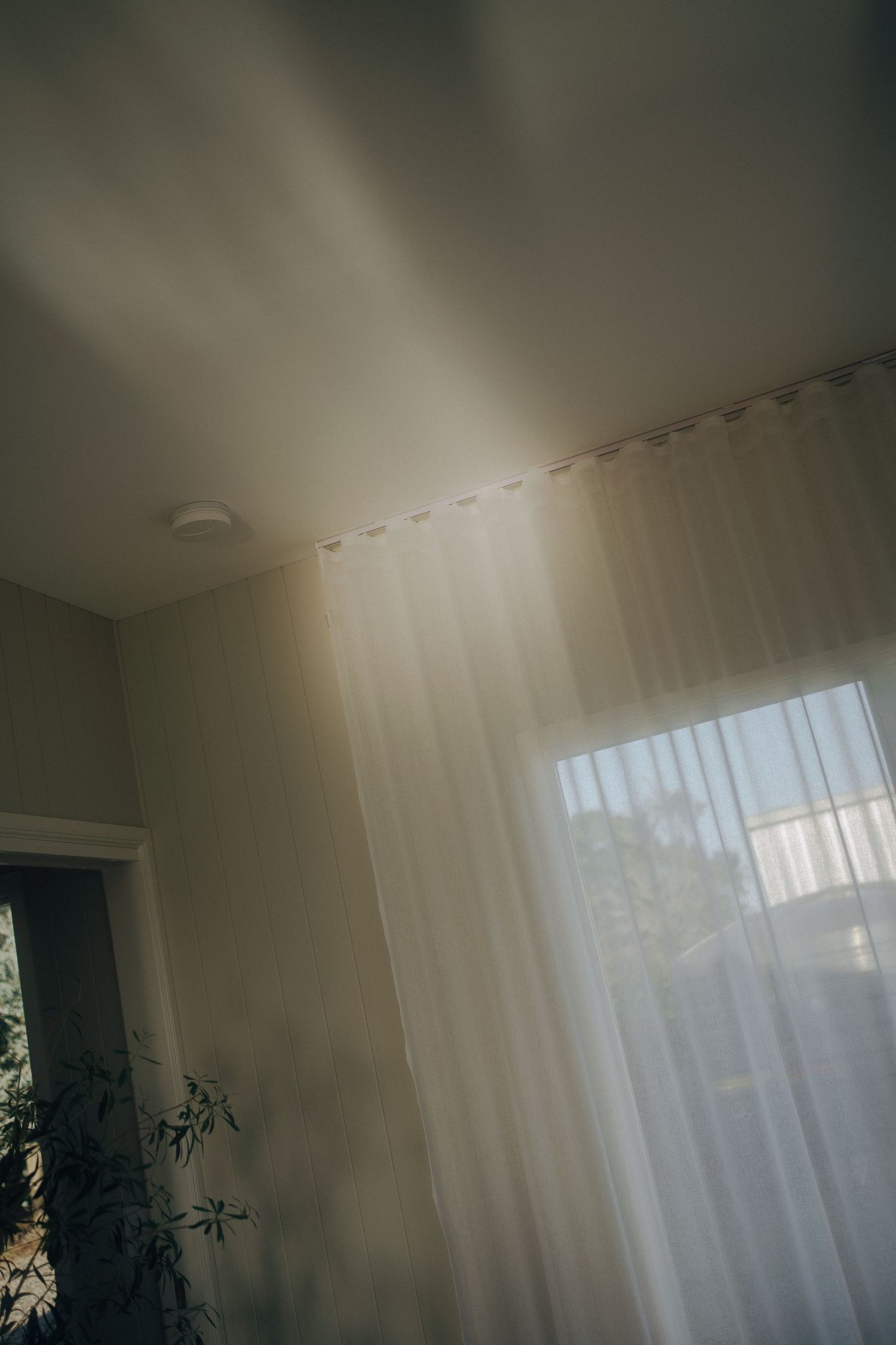 Sunlight streams through sheer white curtains in a room with moody atmospheric lighting and shadows.