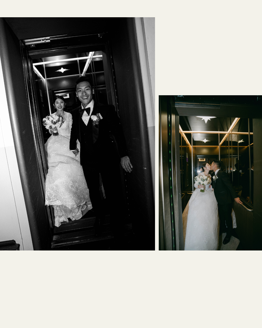 A black and white photograph and a color photograph showing a couple in wedding attire inside a modern elevator.