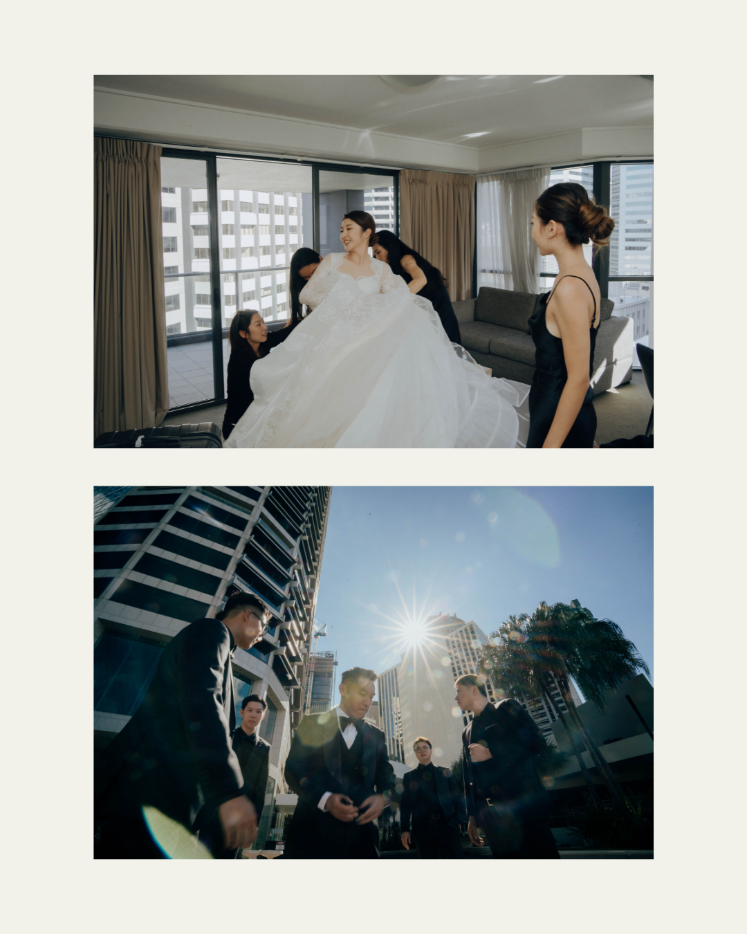 Wedding party members gather in a modern hotel room for preparations before the ceremony.