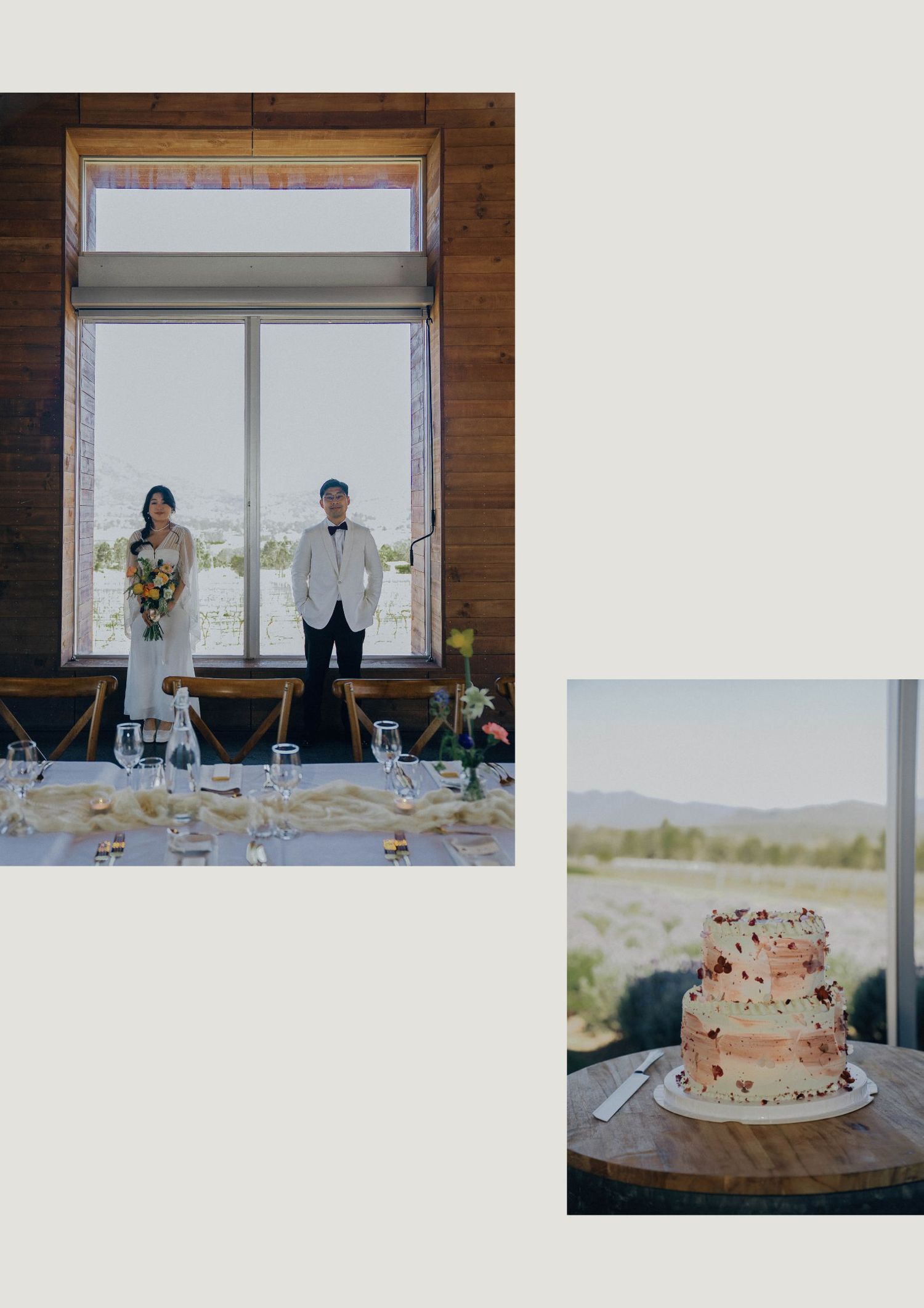 A wedding cake with peach and coral flowers sits elegantly displayed near a window with scenic mountain views.