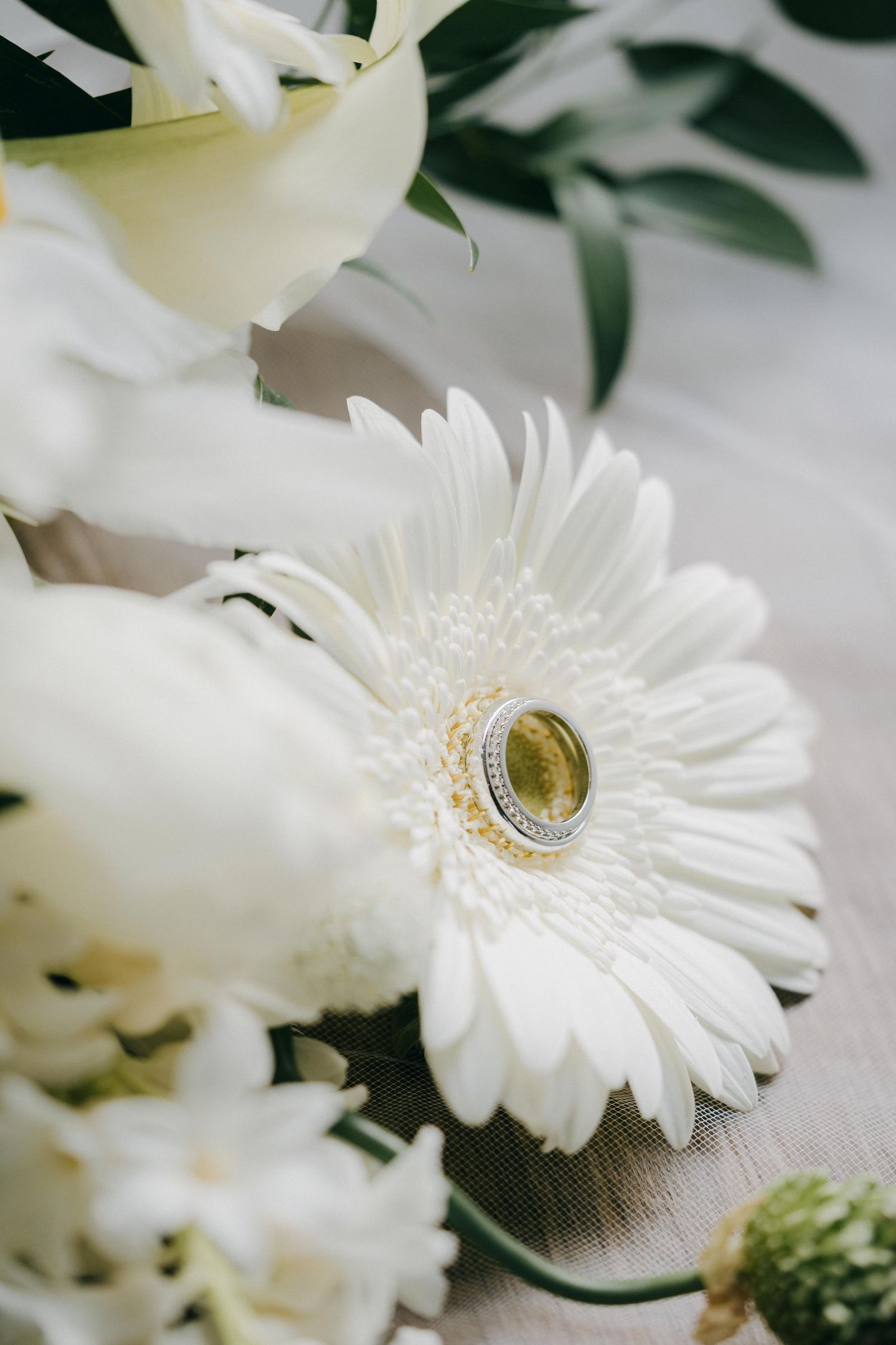 A wedding ring sits atop a pristine white gerbera daisy bloom surrounded by other white flowers and green foliage.