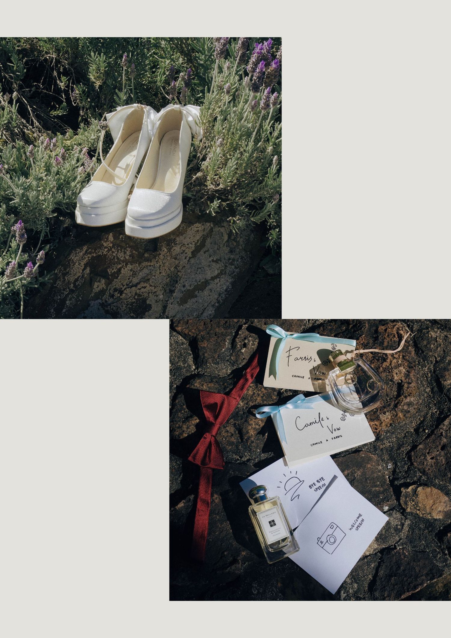A series of white wedding shoes and handwritten notes arranged artistically on dark rocks with purple flowers in background.