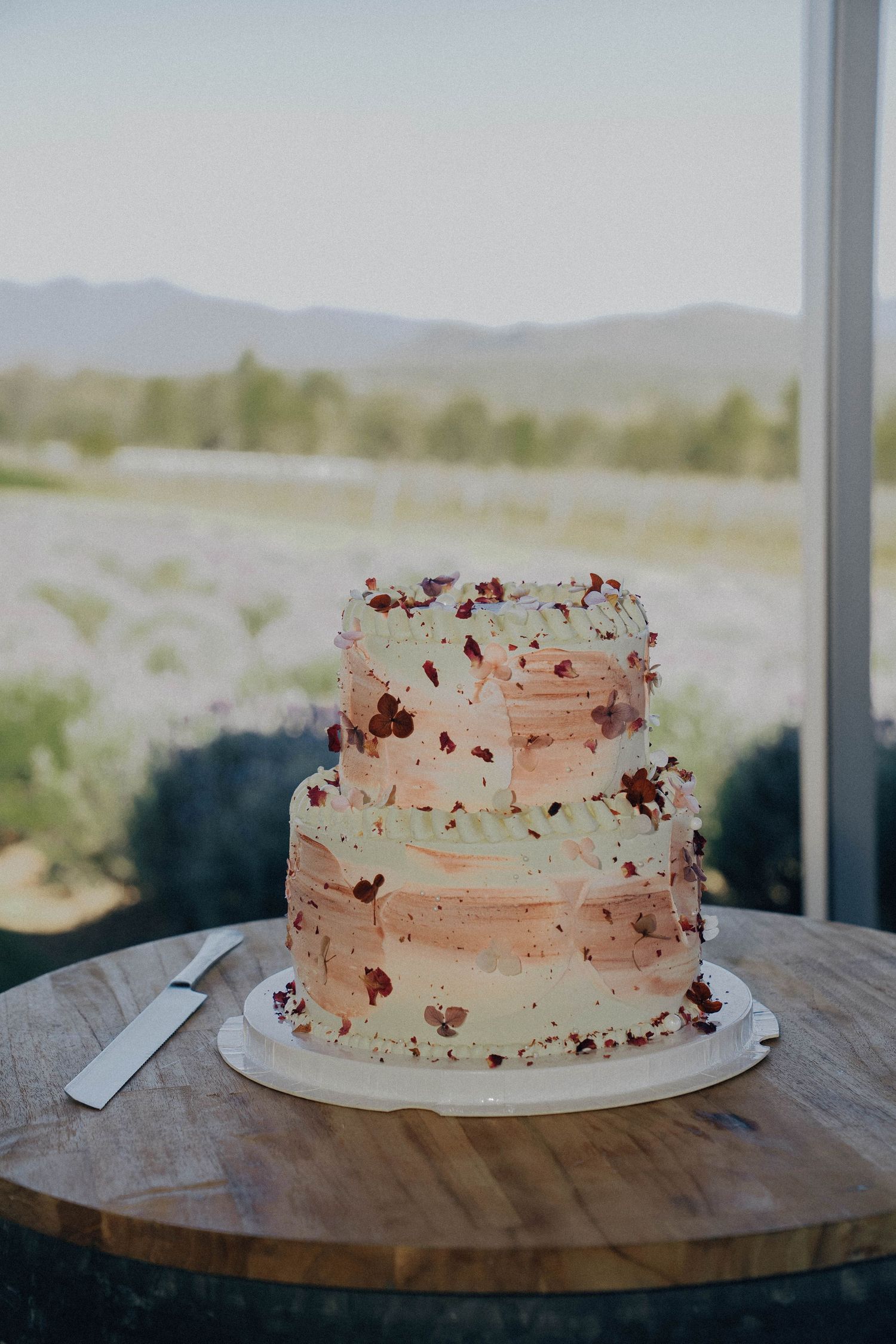 Three views of a rustic white wedding cake with pink accents sitting on a wooden table with mountains visible in background.