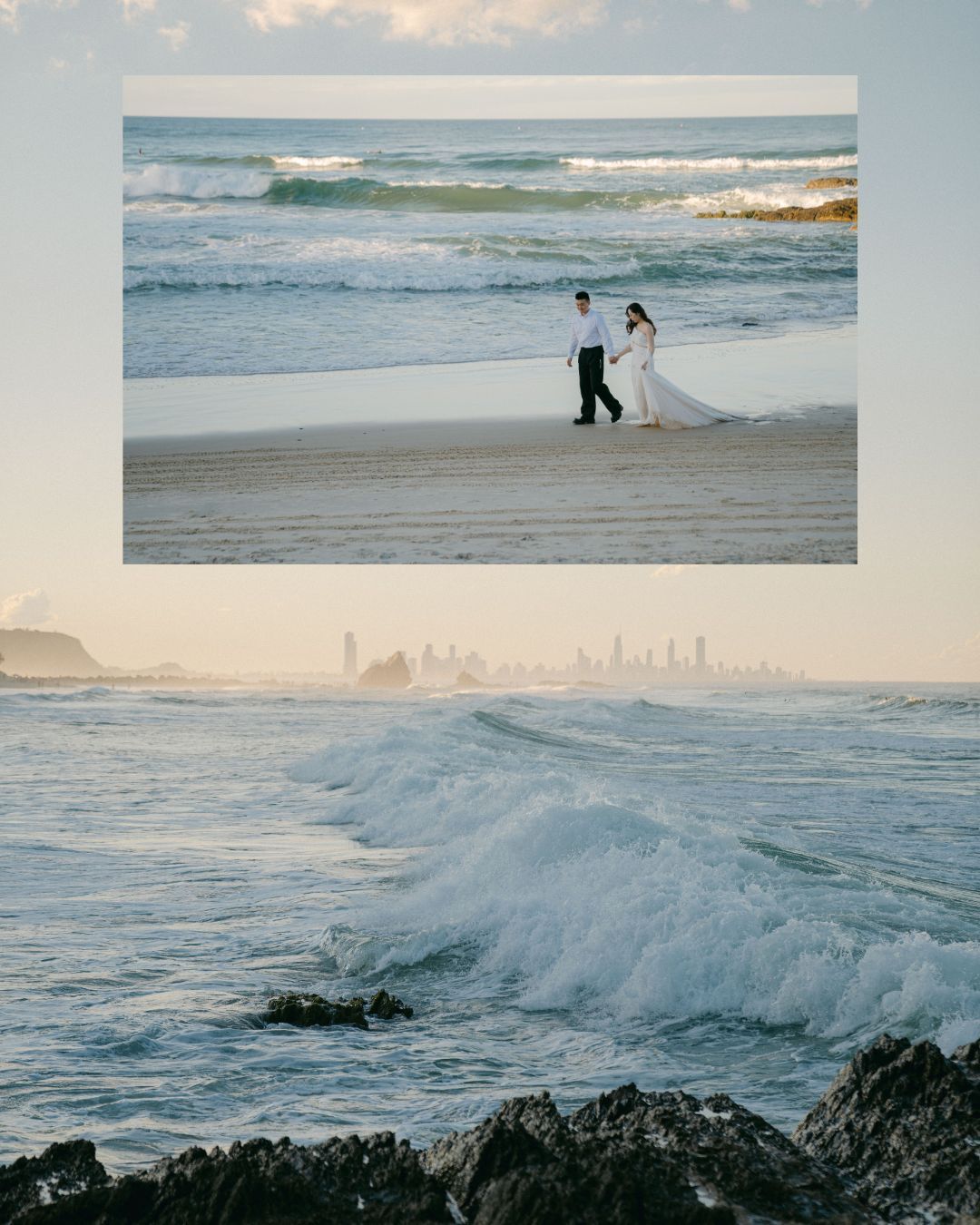 A couple walks along a beach at sunset with crashing waves and rocky coastline in dramatic ocean scenery.