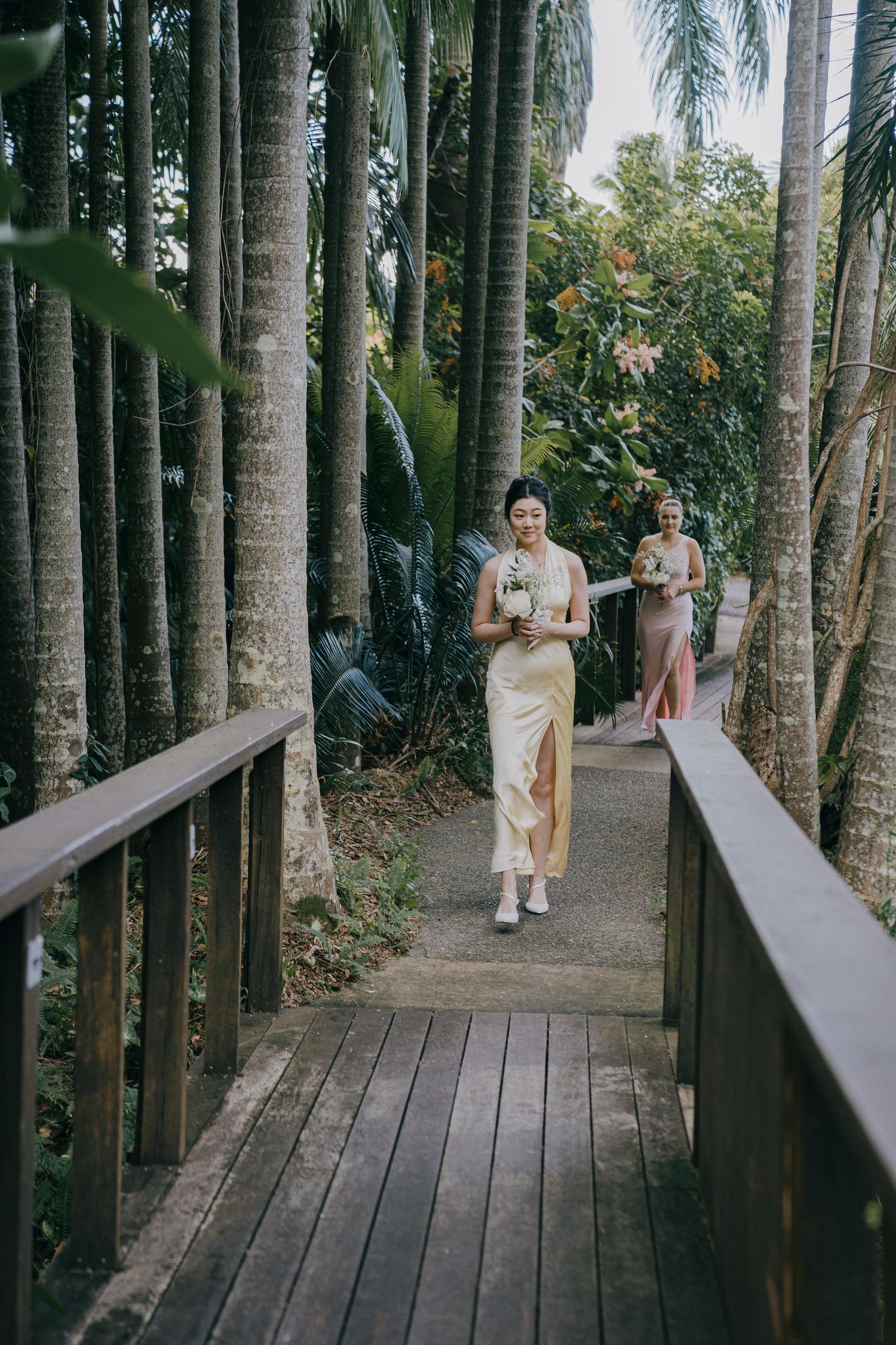 A scenic wooden boardwalk path weaves through a grove of tall palm trees in a tropical garden setting.