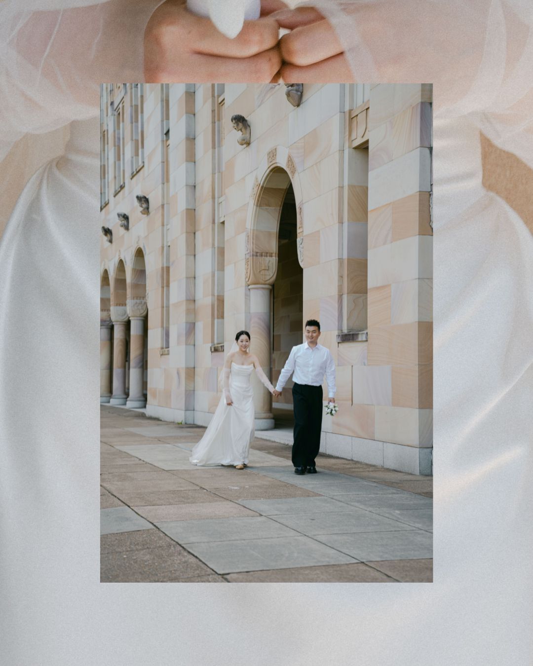 A couple stands in formal attire along an elegant colonnade archway with classical architectural details.