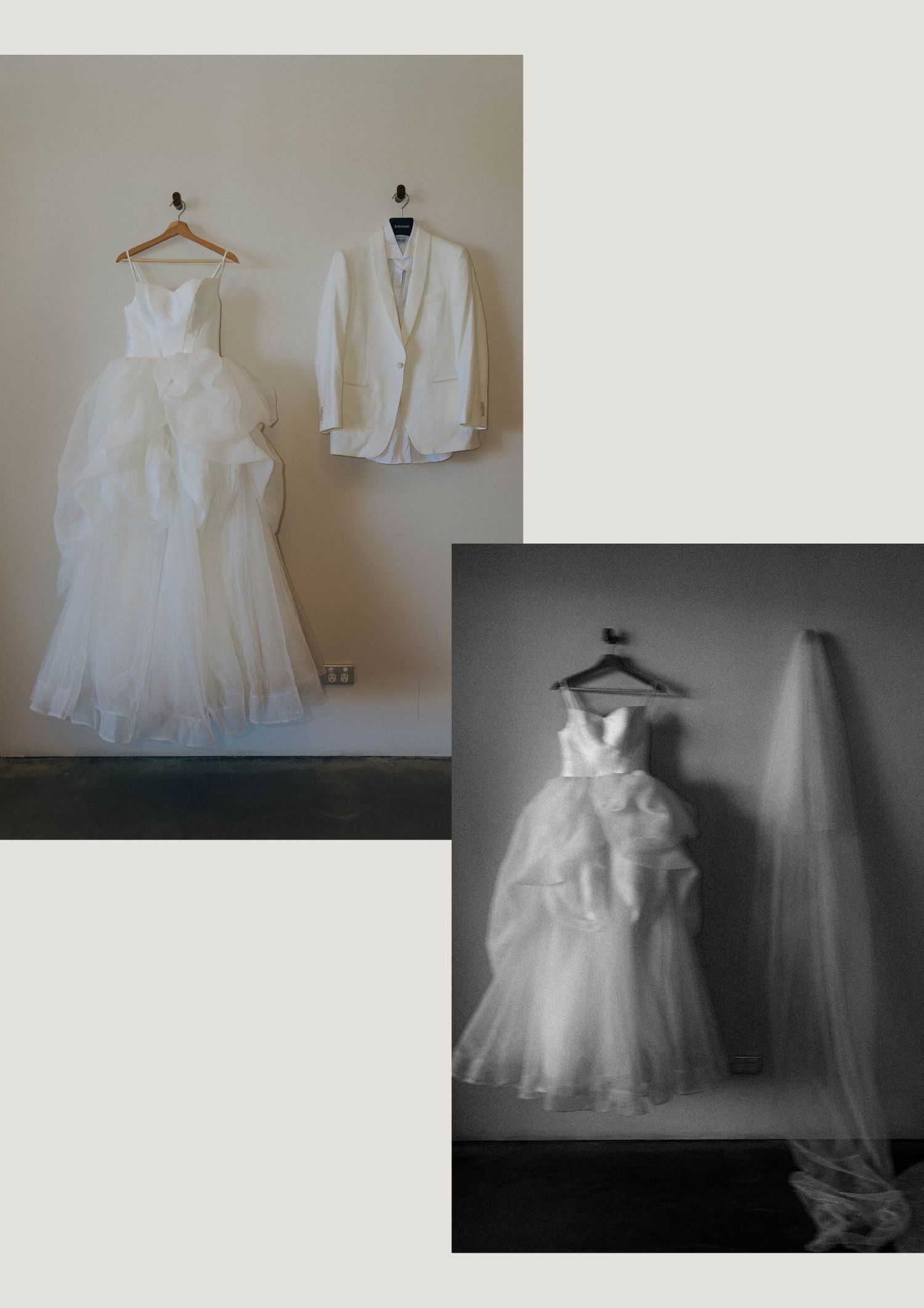 White wedding dress and suit jacket displayed on hangers against a neutral wall with ethereal lighting effects.