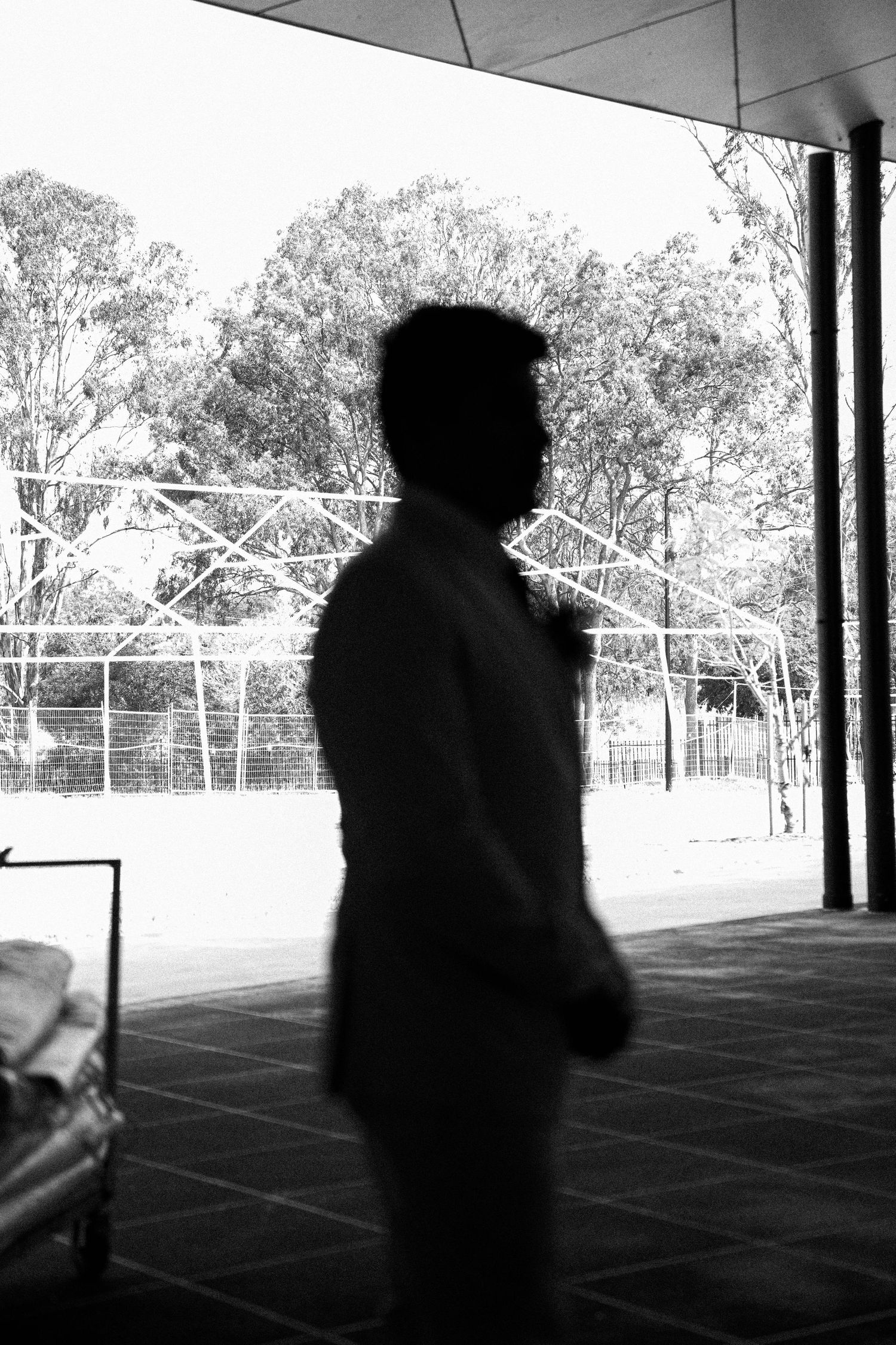 A sequence of silhouettes shown in dark contrast against a bright background through what appears to be a covered area.