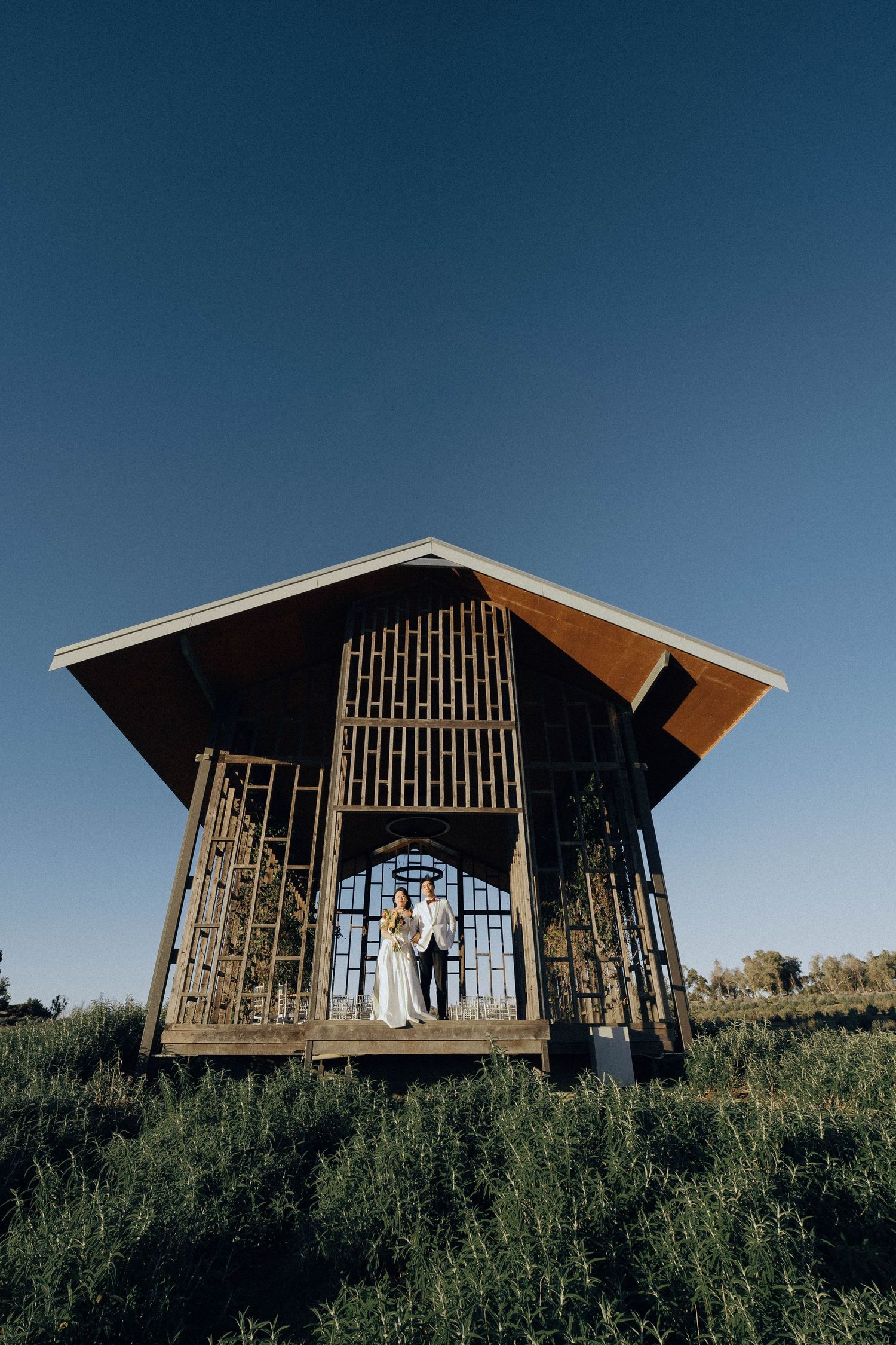 A modern wooden cabin with slatted walls sits atop a grassy hillside against a deep blue sky.