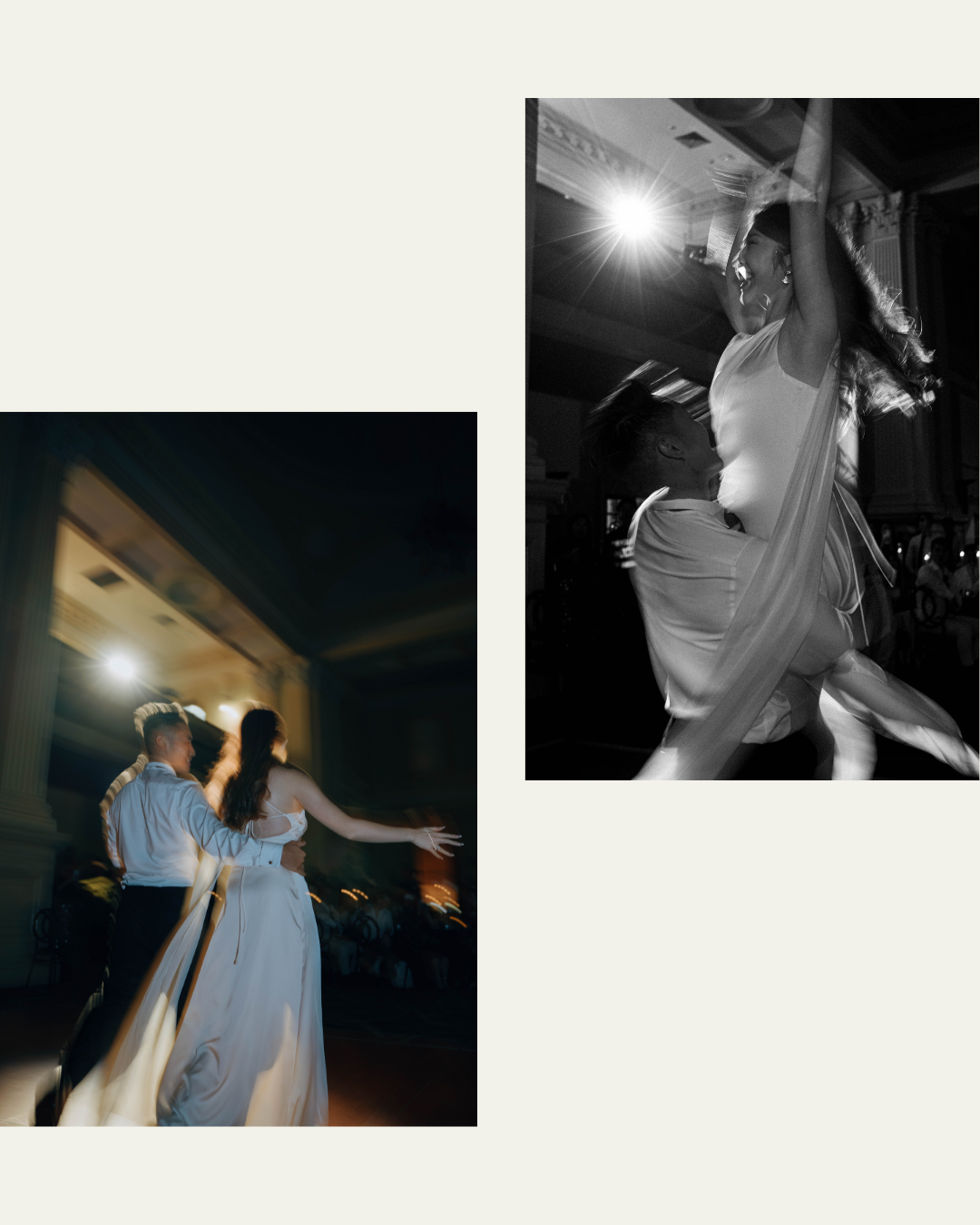 A couple in wedding attire dances together during a nighttime reception under spotlights and festive lighting.