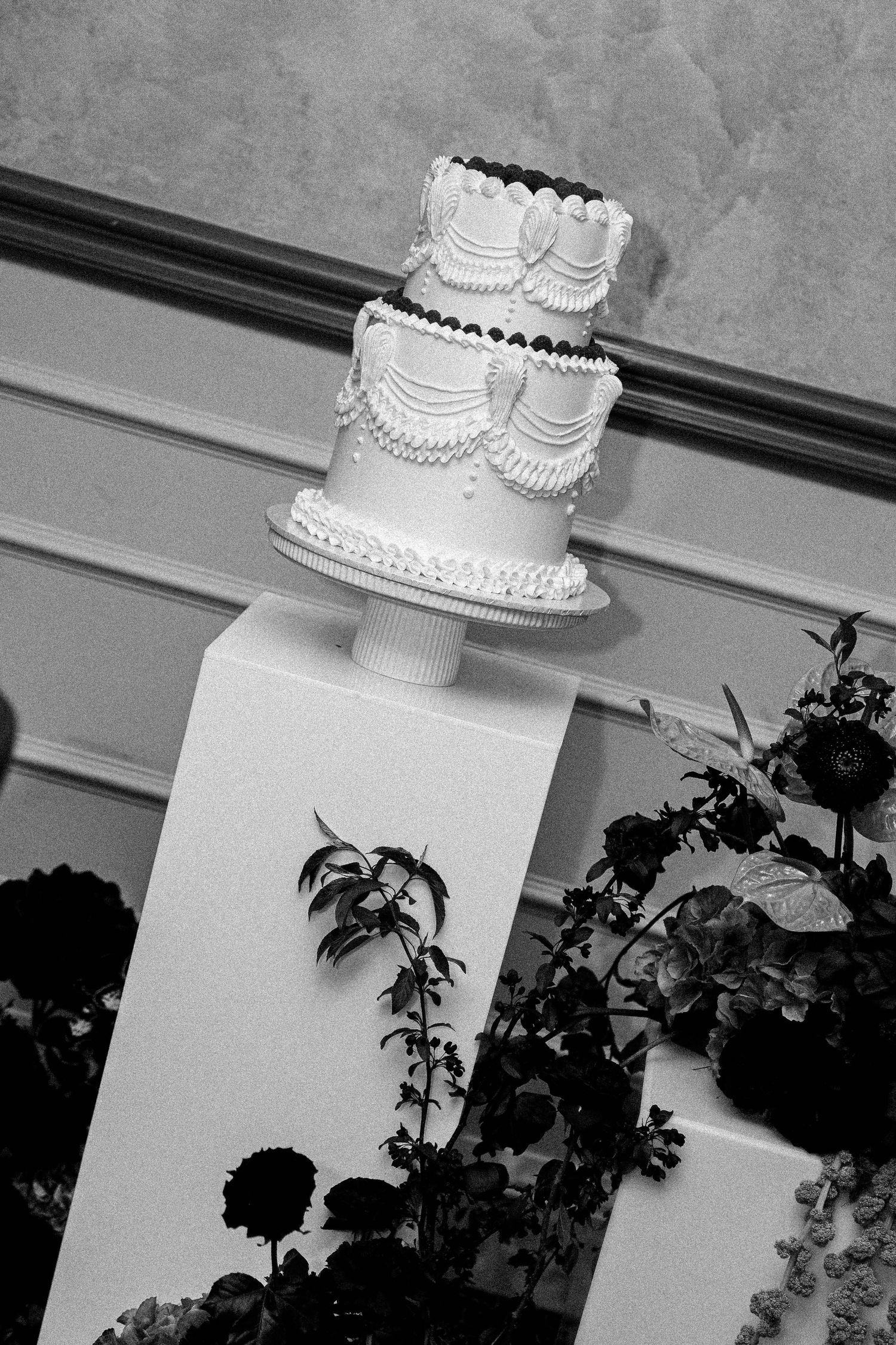 Black and white image sequence showing a wedding cake being placed on a white pedestal with foliage silhouettes in the foreground.