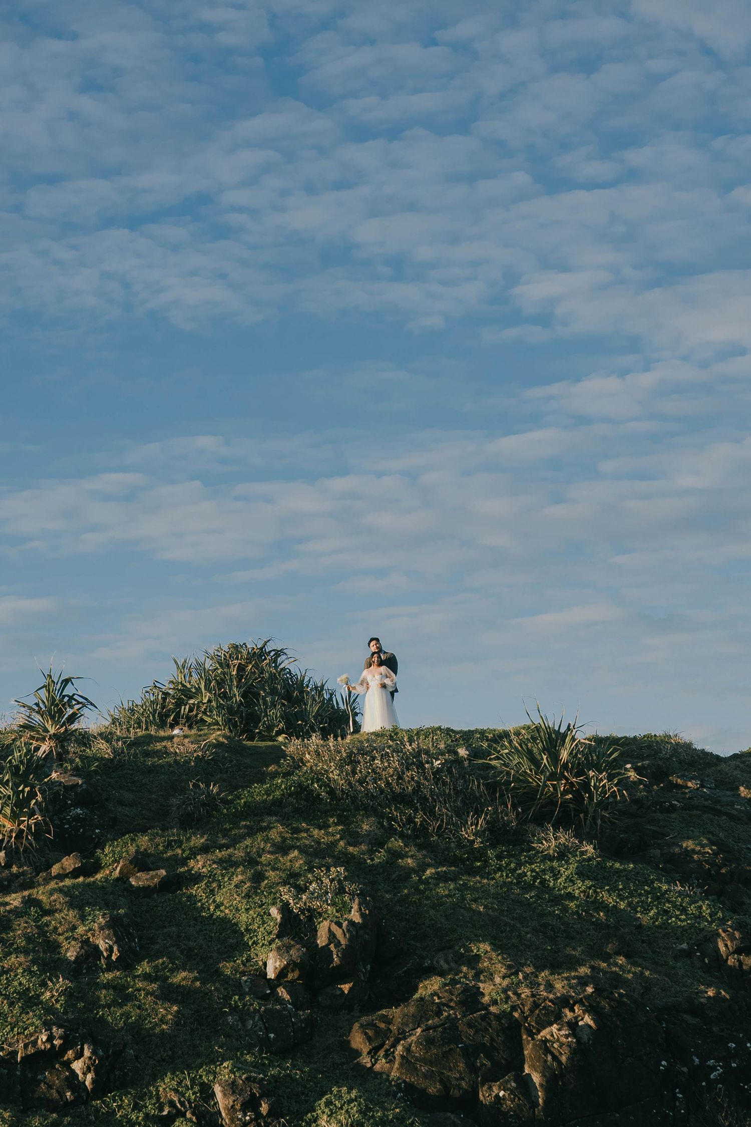 A figure stands atop a scenic hillside with palm trees and blue sky on a sunny day.