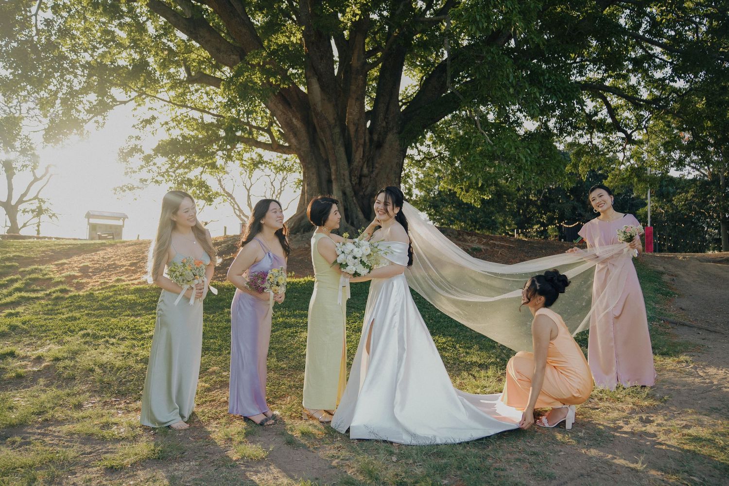 A bridal party in pastel dresses helps arrange a flowing wedding veil under a large tree at sunset.
