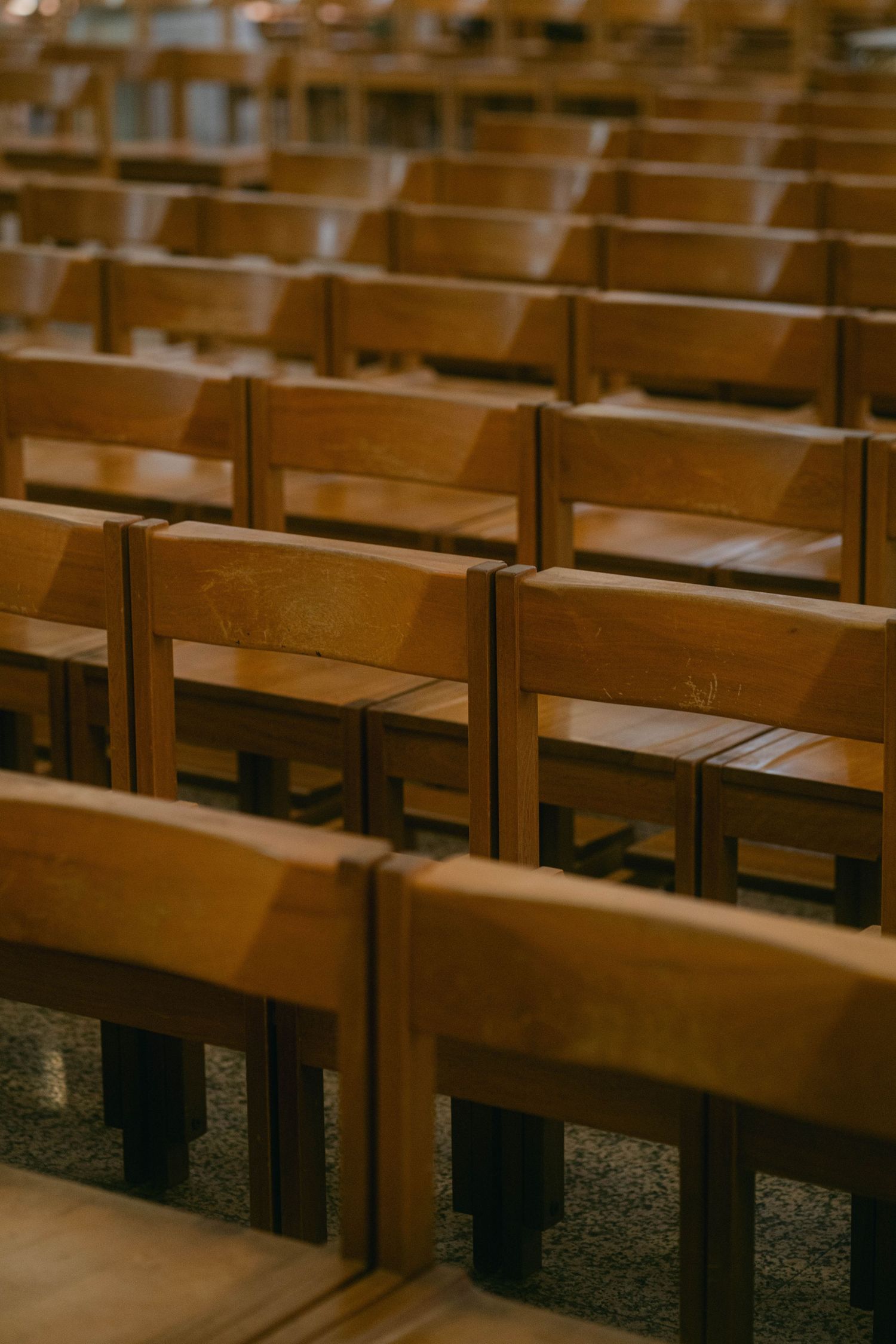 Rows of empty wooden lecture hall seats with dark metal frames create a symmetrical pattern in a classroom setting.