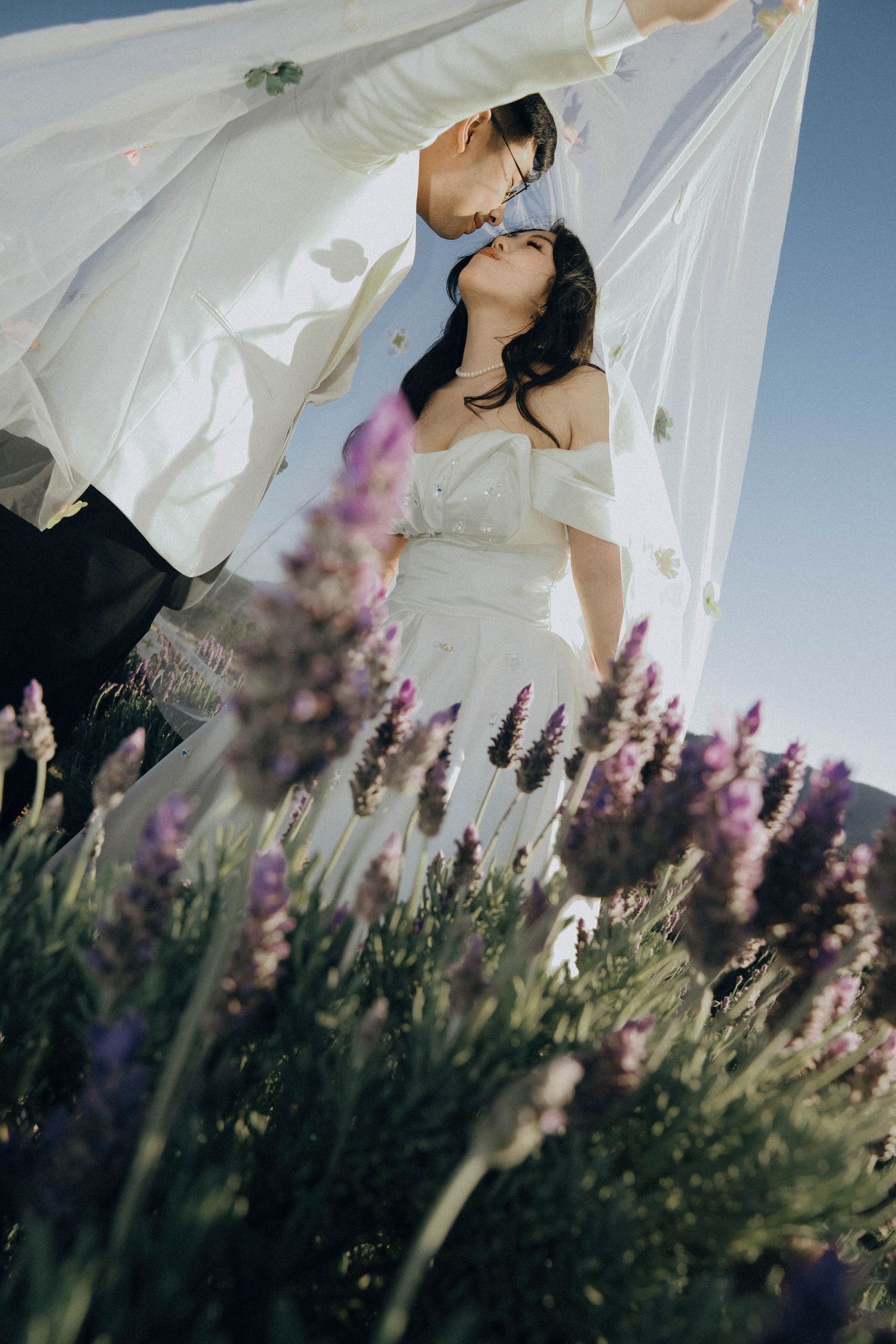 A romantic wedding photo captured through flowing white fabric with lavender flowers in the foreground.