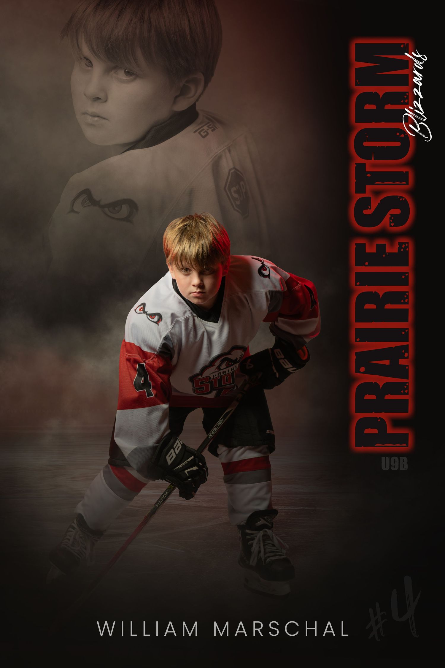 Young hockey player poses in Prairie Storm uniform holding a stick on ice.