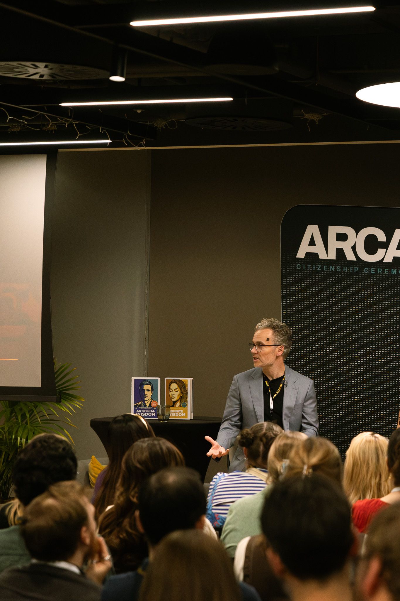 Thomas Weaver speaking on a panel at Penguin Random House Headquarters in London, England for his book release.