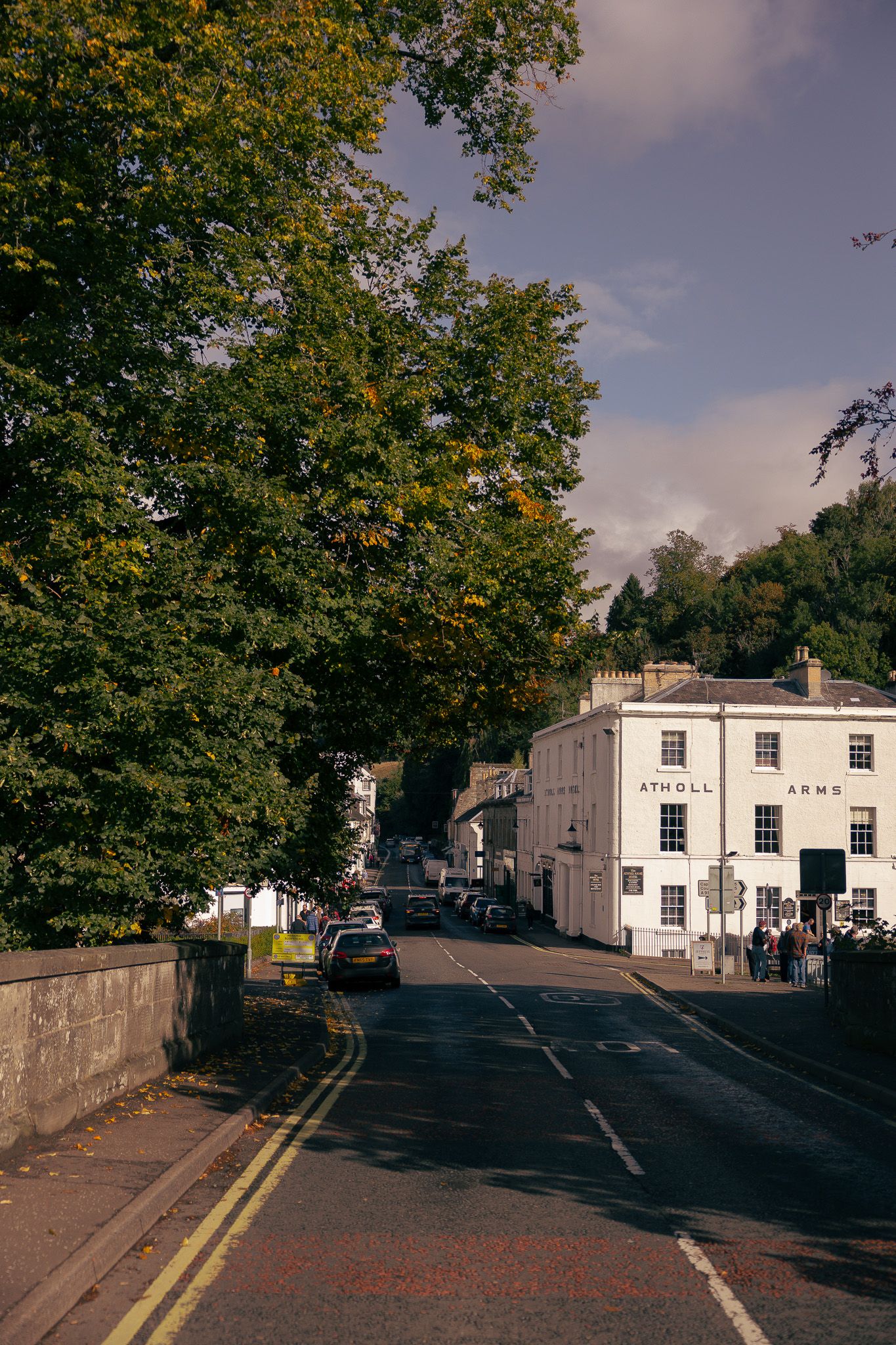 travel photo of bridge street in Dunkeld Scotland.