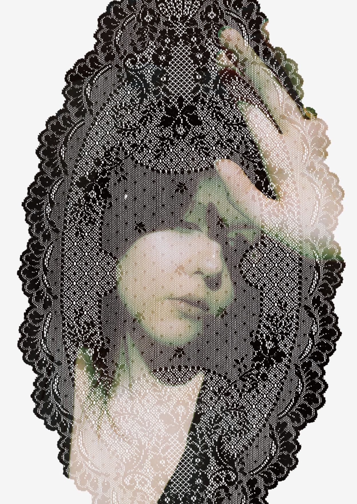 Girl posing photoshopped onto a doily.