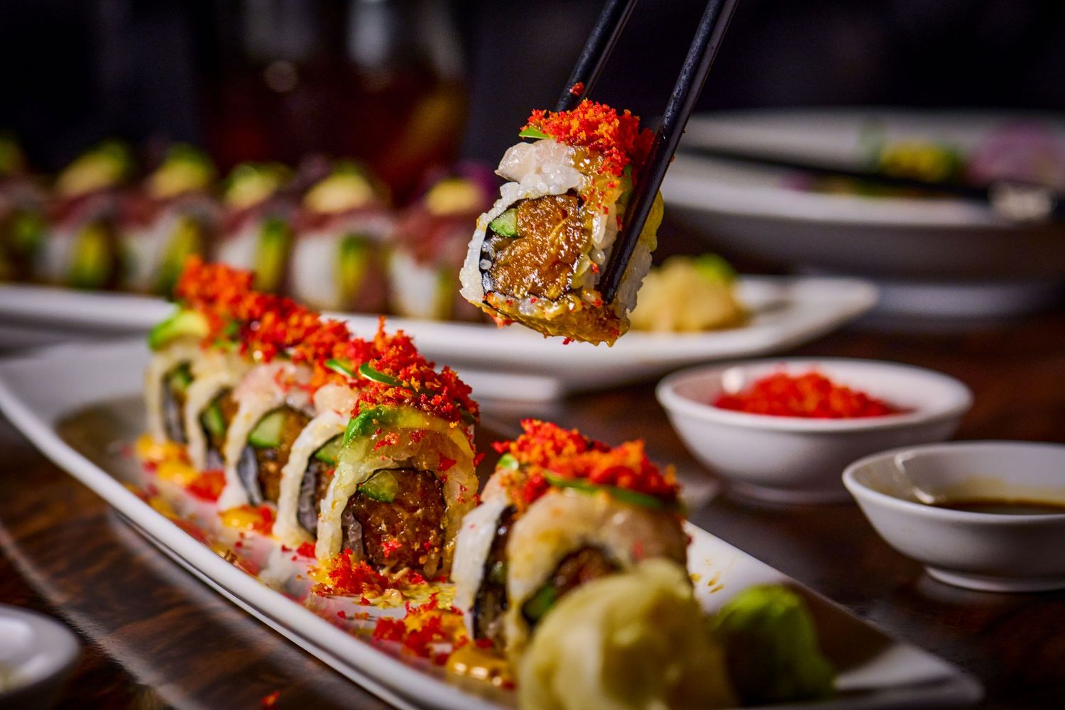 Professional restaurant photography of sushi and fresh seafood