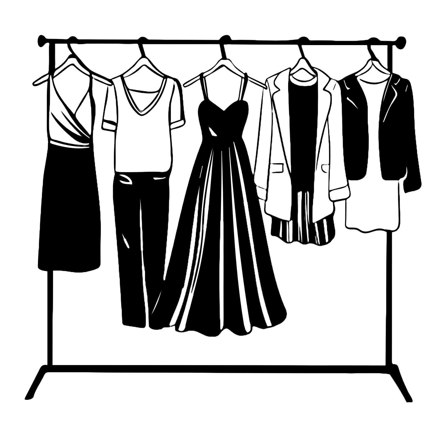 women's clothing on a rack in a black and white drawing