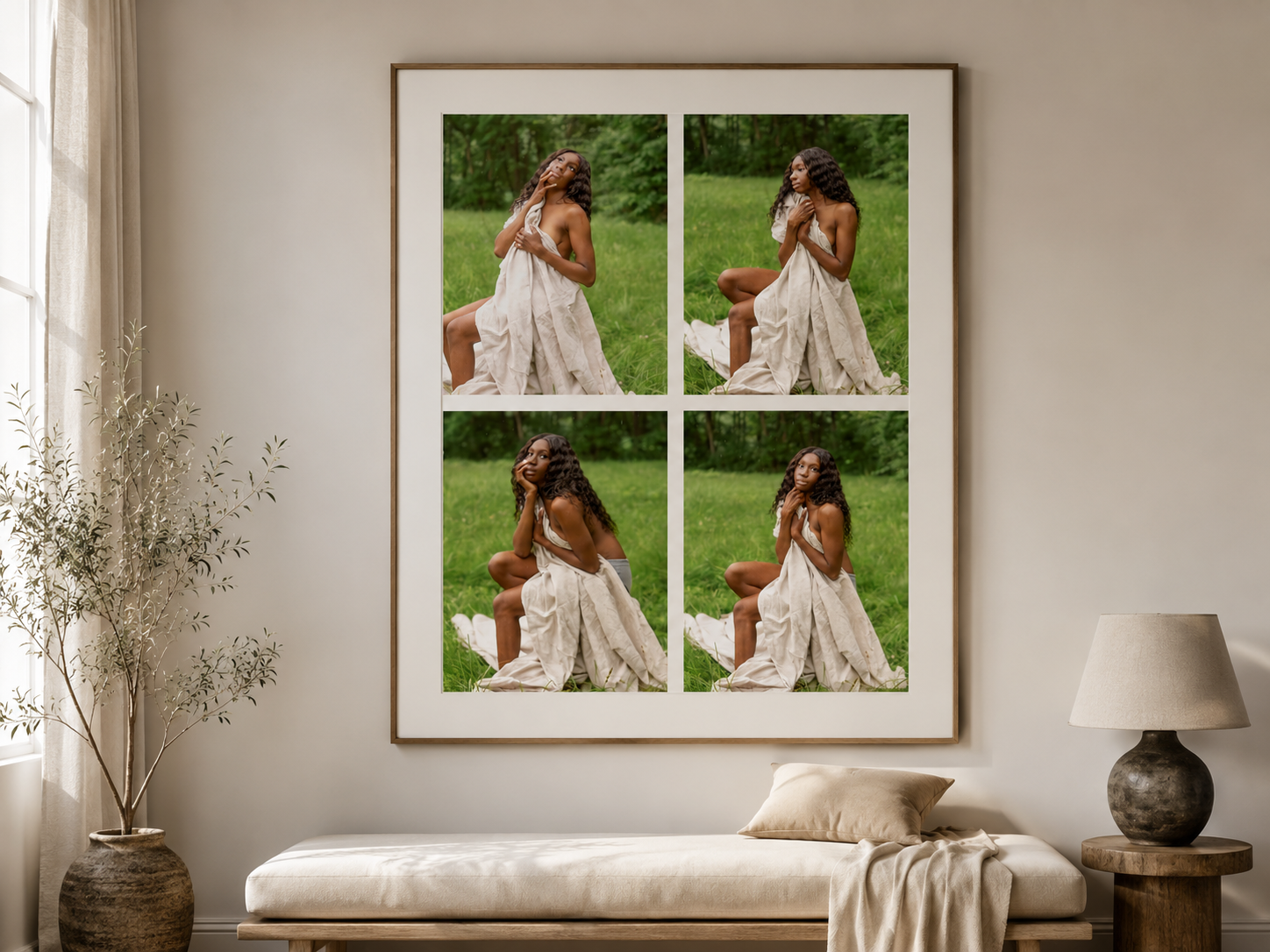 Large wall art with a collage of portraits taken of a woman in a field with green grass near elmira new york chemung river