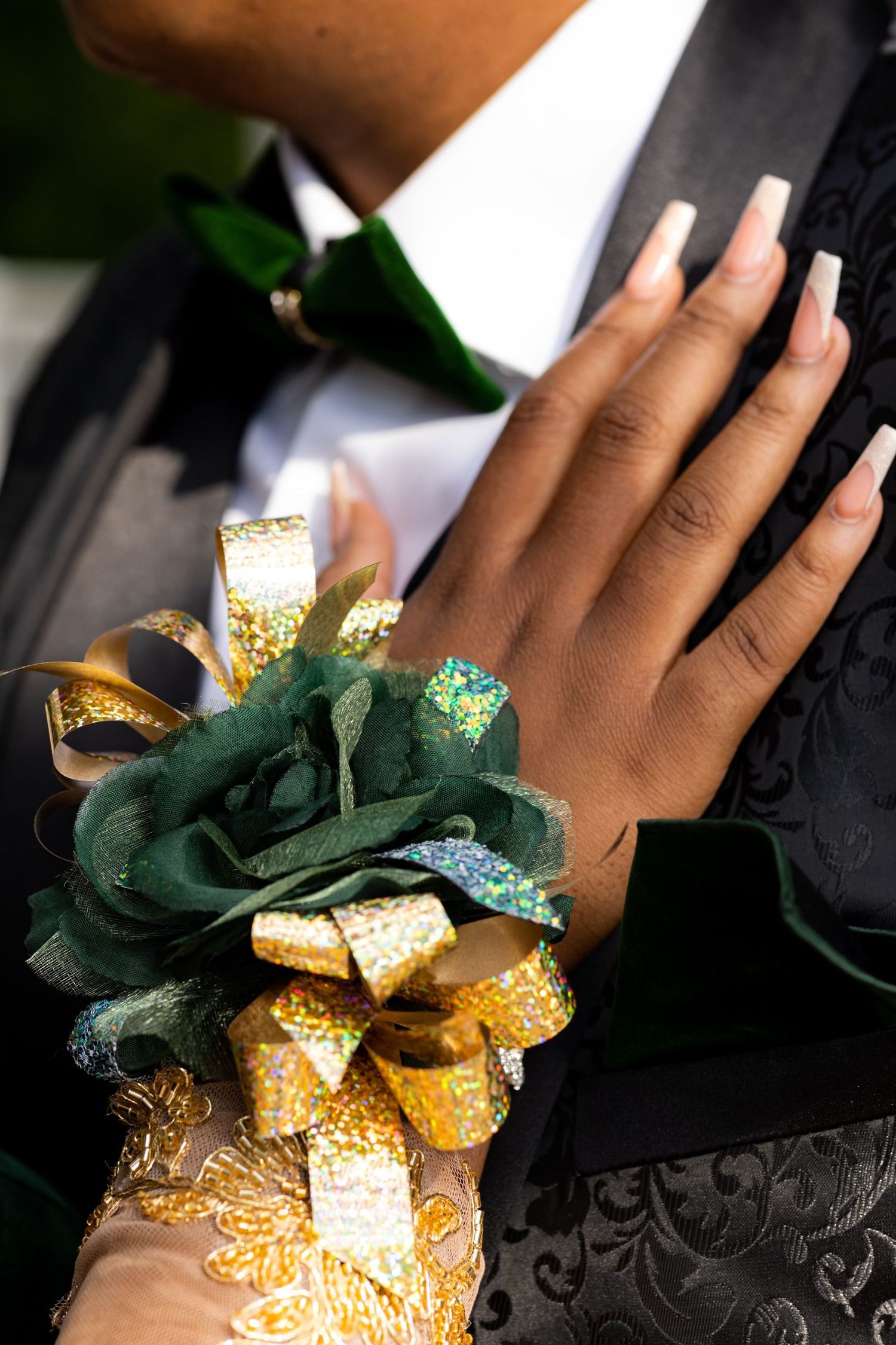 high school prom or homecoming corsage and tuxedo
