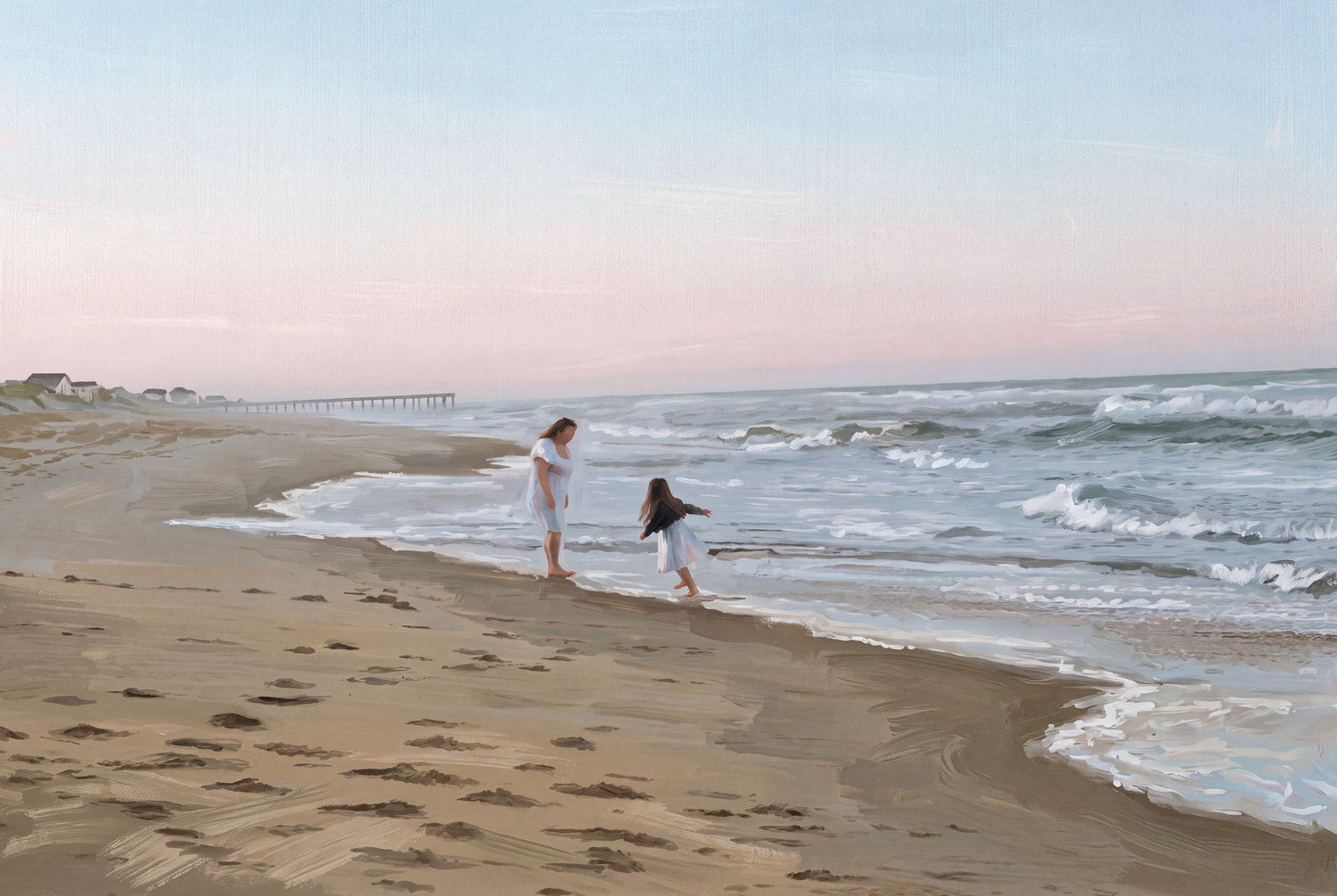 mother and daughter playing and walking along the beach in a fine-art portrait