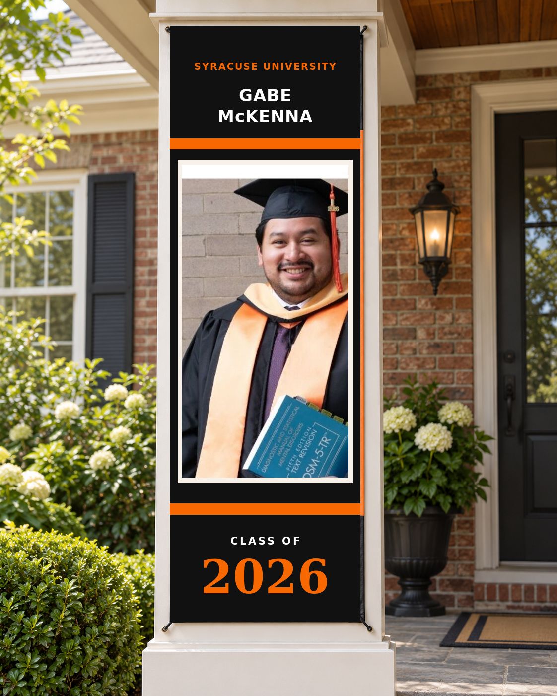 Custom graduation banner featuring a high school senior in cap and gown