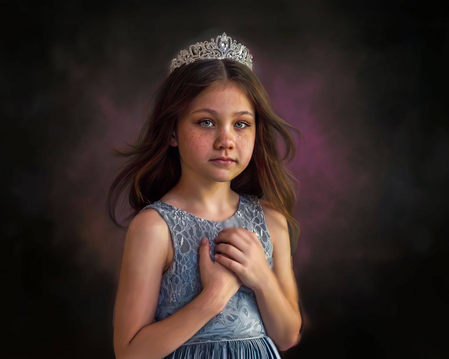 fine art painterly photograph of a girl in a blue down wearing a tiara from the corning NY beauty and children's pageant