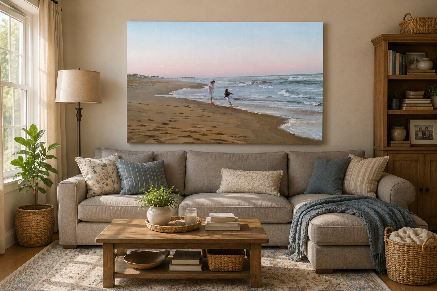 Beach landscape canvas displayed above a sofa in a cozy family living room