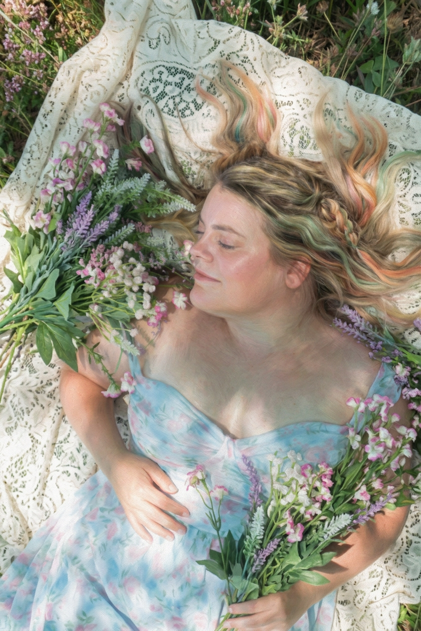 Painterly portrait of a woman surrounded by soft greenery and delicate flowers