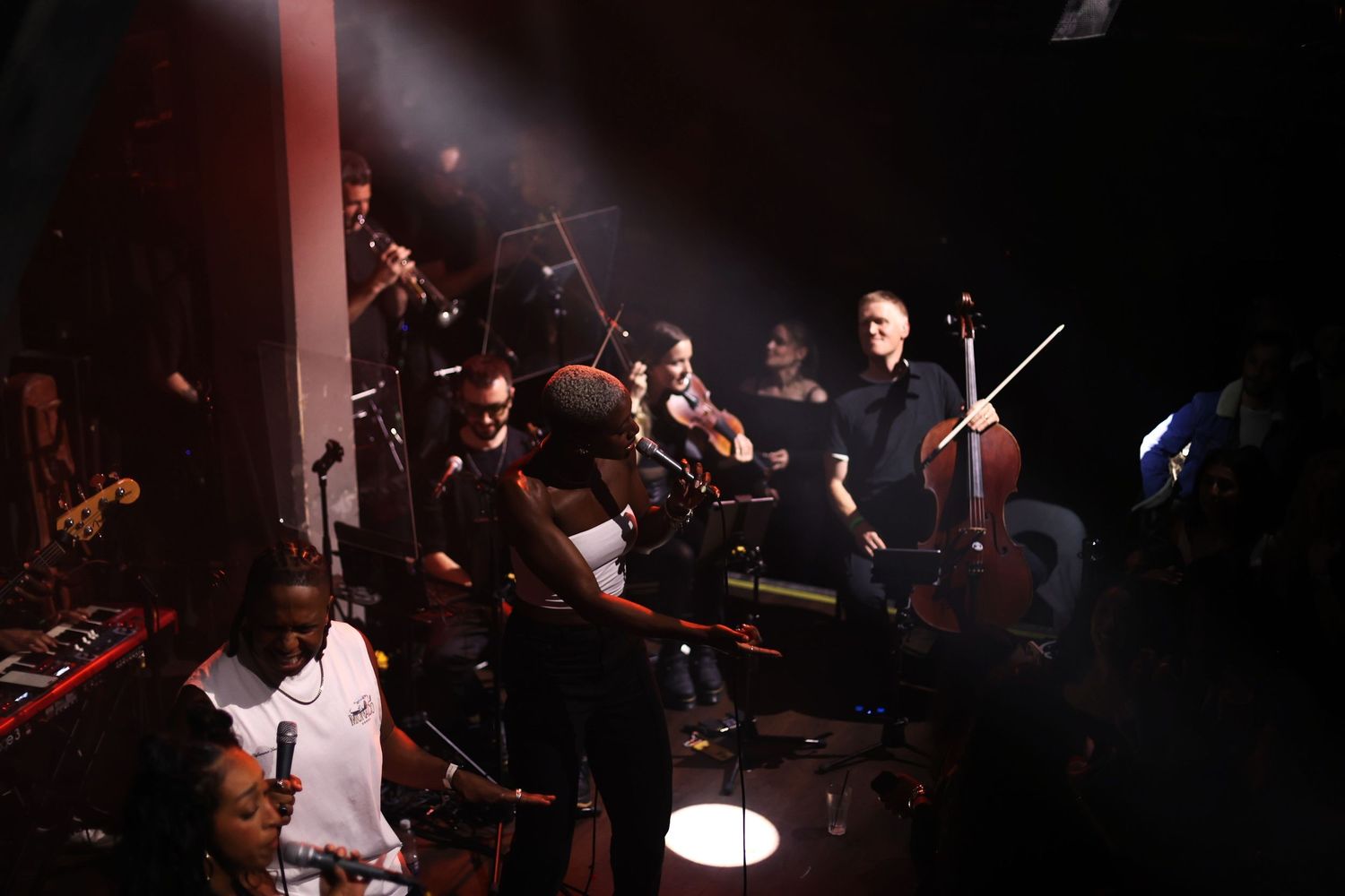 Live Music Event Photography - Live band performance with multiple musicians including string players under dramatic red stage lighting.