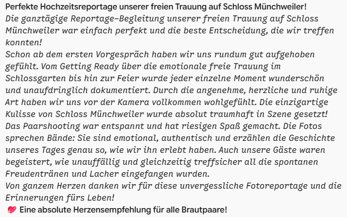 Screenshot einer fünf Sterne Bewertung für Hochzeitsfotografie bei Schloss Münchweiler mit Lob für Reportage und Trauung.