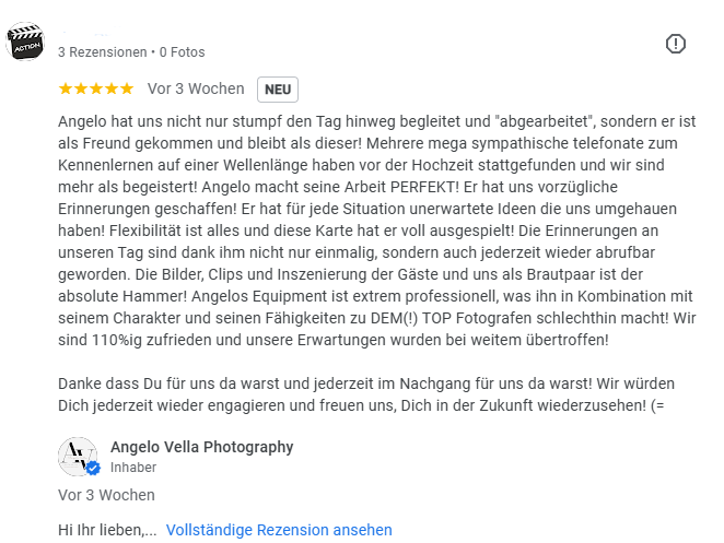 Positive 5-Sterne-Bewertung für Angelo Vella Photography: Lob für die professionelle Hochzeitsbegleitung, das Equipment und die emotionalen