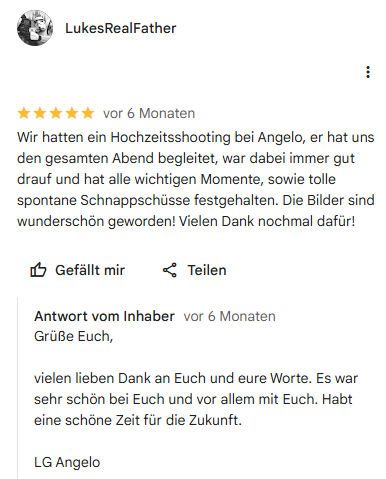 Five-star Google review in German praising wedding photography by Angelo, with owner response thanking the couple.
