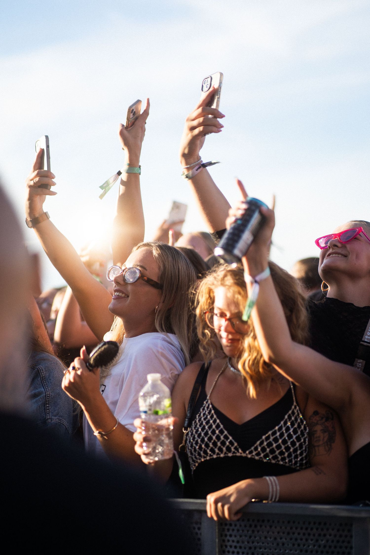 Festival crowd with raised hands enjoying outdoor concert in sunlight.