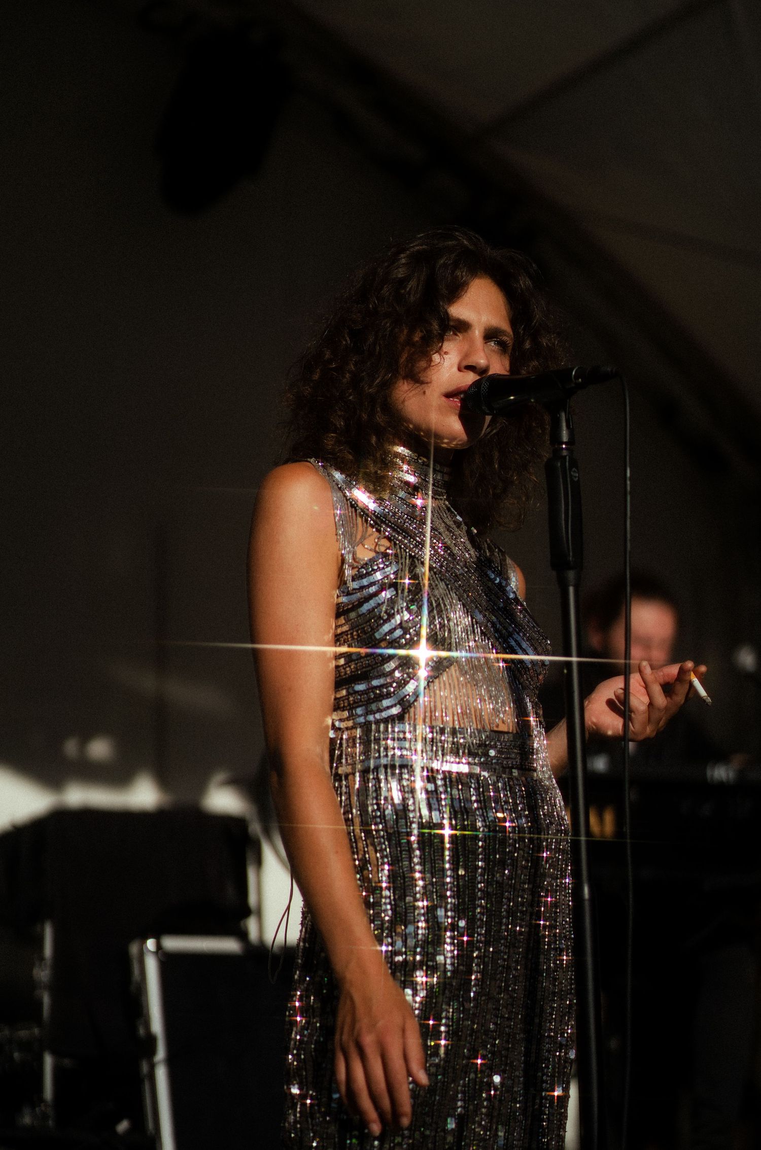 Singer wearing a shimmering dress performs under stage lights in a dramatic concert setting.