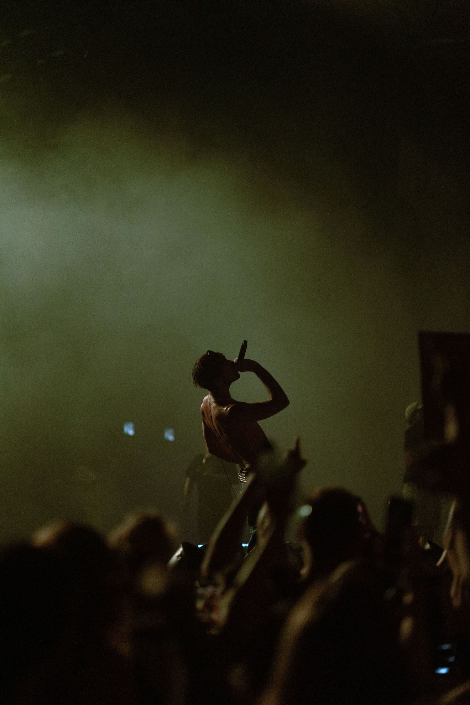 Silhouetted concert crowd with raised hands holding phones against dark background.