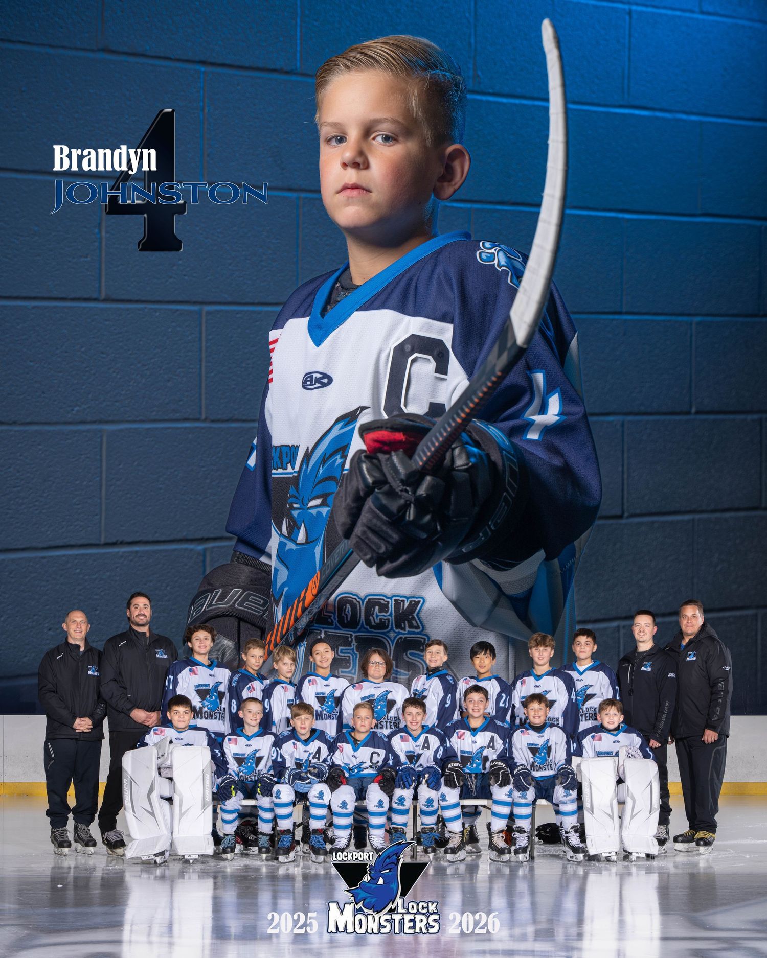 Youth hockey team photo composite showing player in blue and white jersey with hockey stick against blue wall background.
