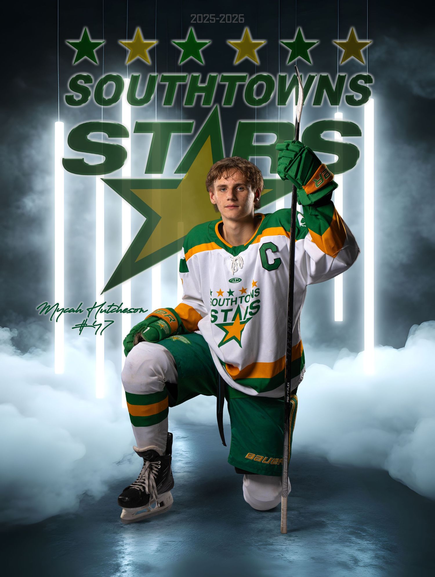 Hockey player in green and white Southtown Stars uniform poses dramatically in foggy studio lighting effect.