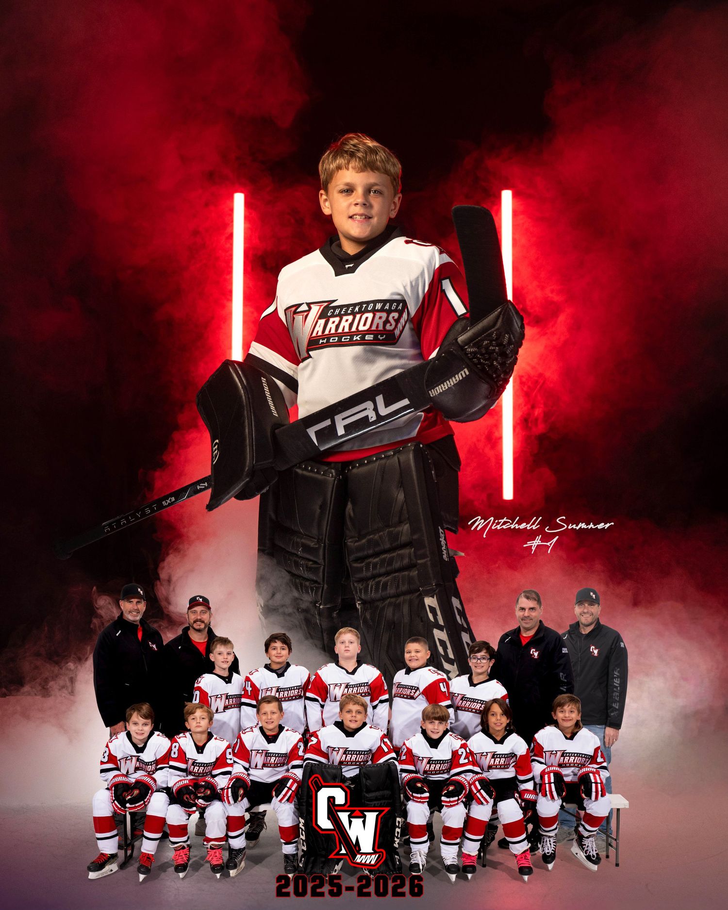 Youth hockey team poses in red and white jerseys against dramatic red smoky background for team photos.