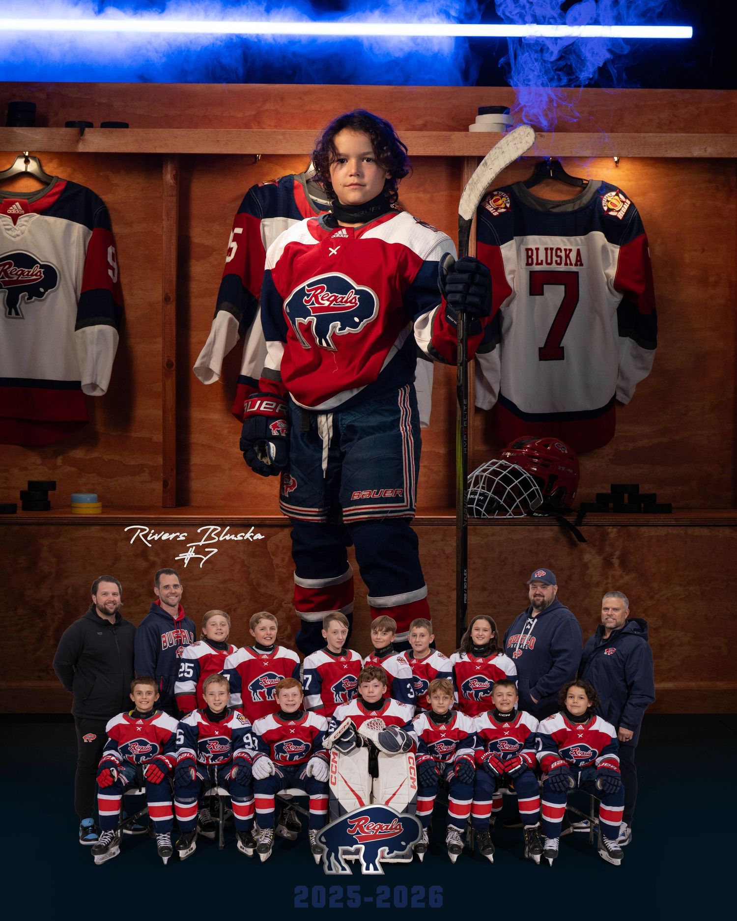 A series of hockey team photos showing players and coaches in red and black uniforms in a locker room setting.