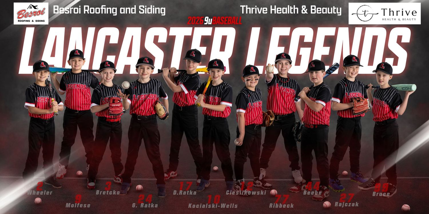 Baseball team lineup photo showing players in red and black uniforms posing with bats against dark background.
